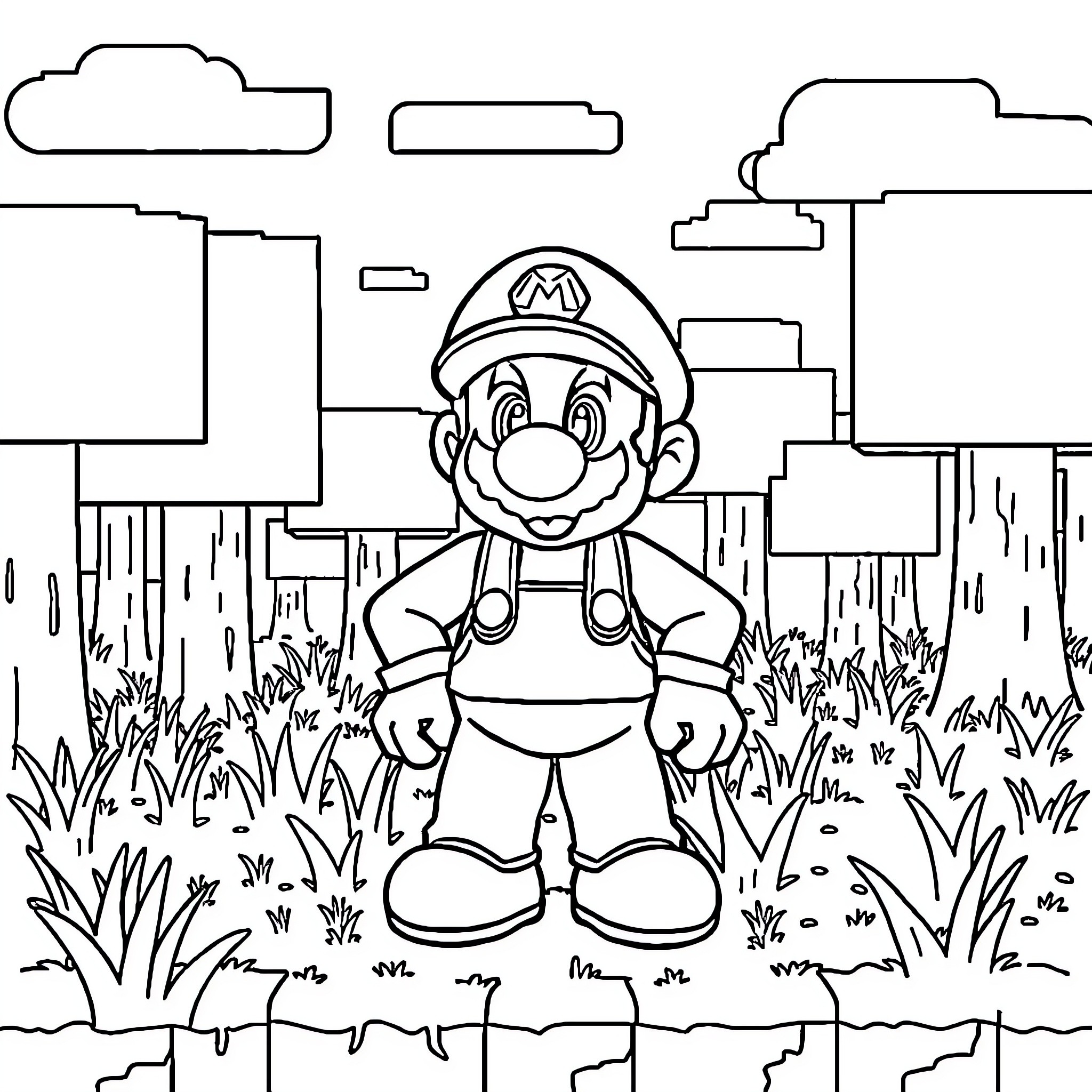 Mario exploring the urban landscape Coloring Page (free black-and-white line drawing printable PDF for all, from beginners to advanced learners, including children, teens, adults, and seniors)