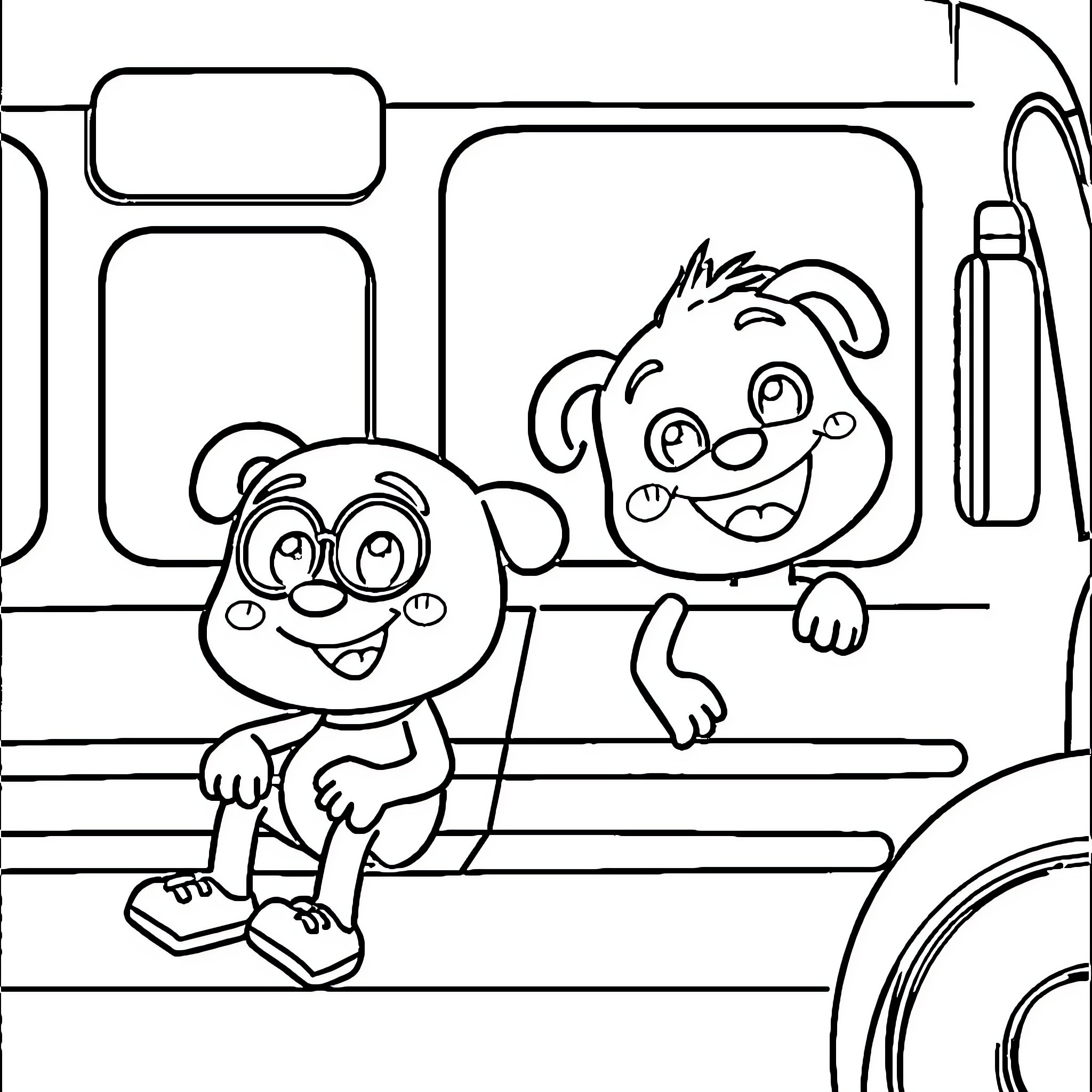Bluey characters playing happily in a vehicle Coloring Page (free black-and-white line drawing printable PDF for all, from beginners to advanced learners, including children, teens, adults, and seniors)