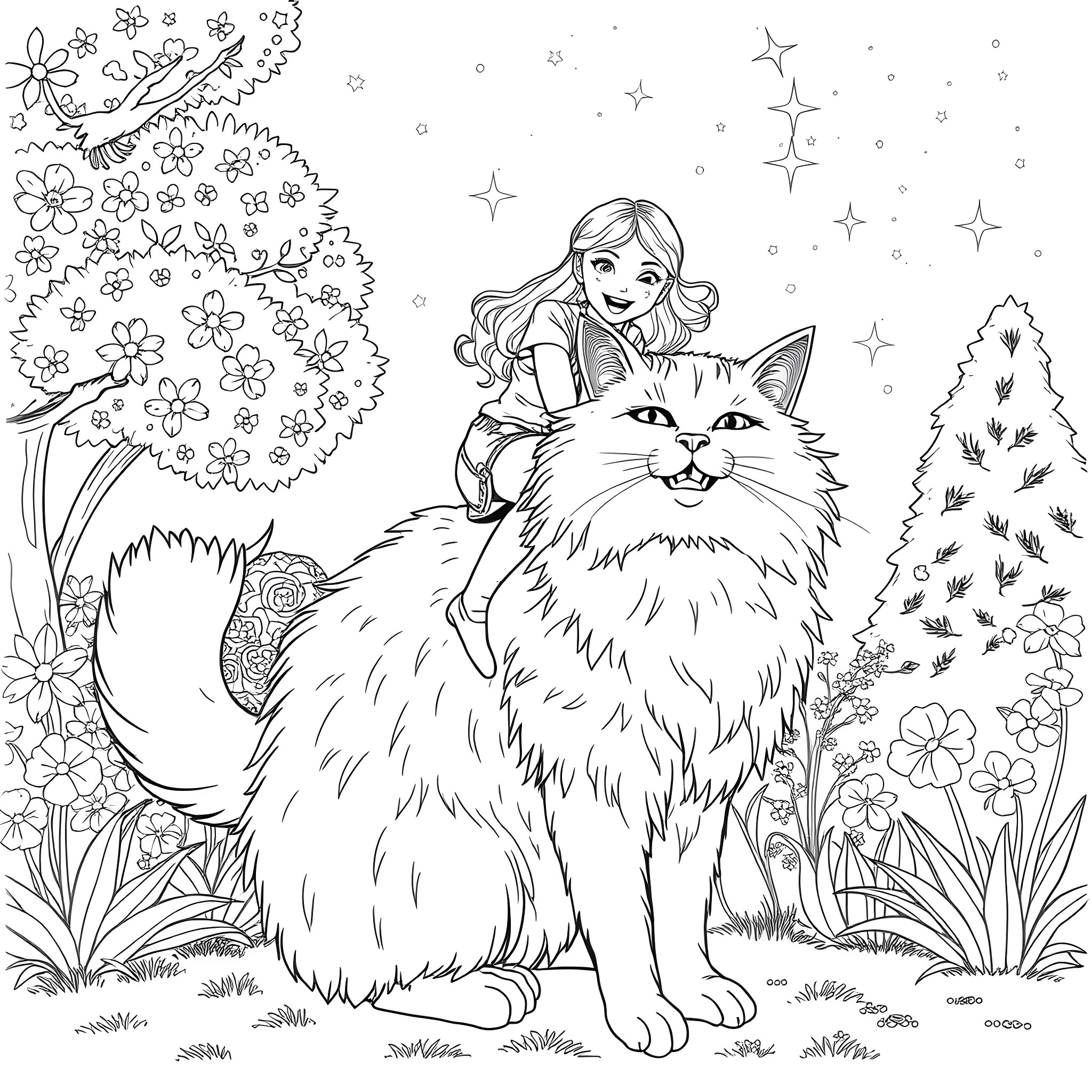 Woman sitting on a fluffy cat in a magical forest Coloring Page (free black-and-white line drawing printable PDF for all, from beginners to advanced learners, including children, teens, adults, and seniors)
