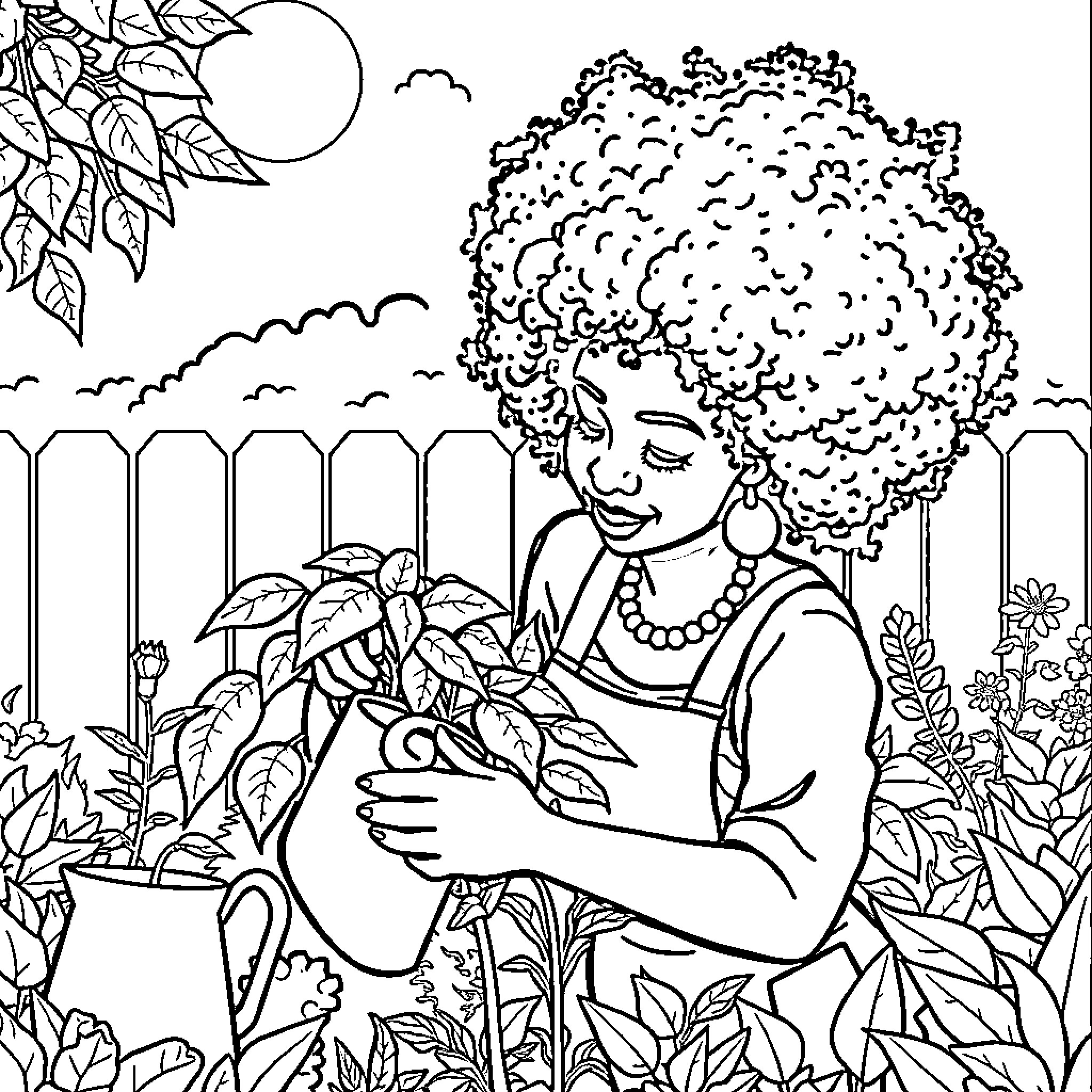 Woman tending to plants in a garden Coloring Page (free black-and-white line drawing printable PDF for all, from beginners to advanced learners, including children, teens, adults, and seniors)