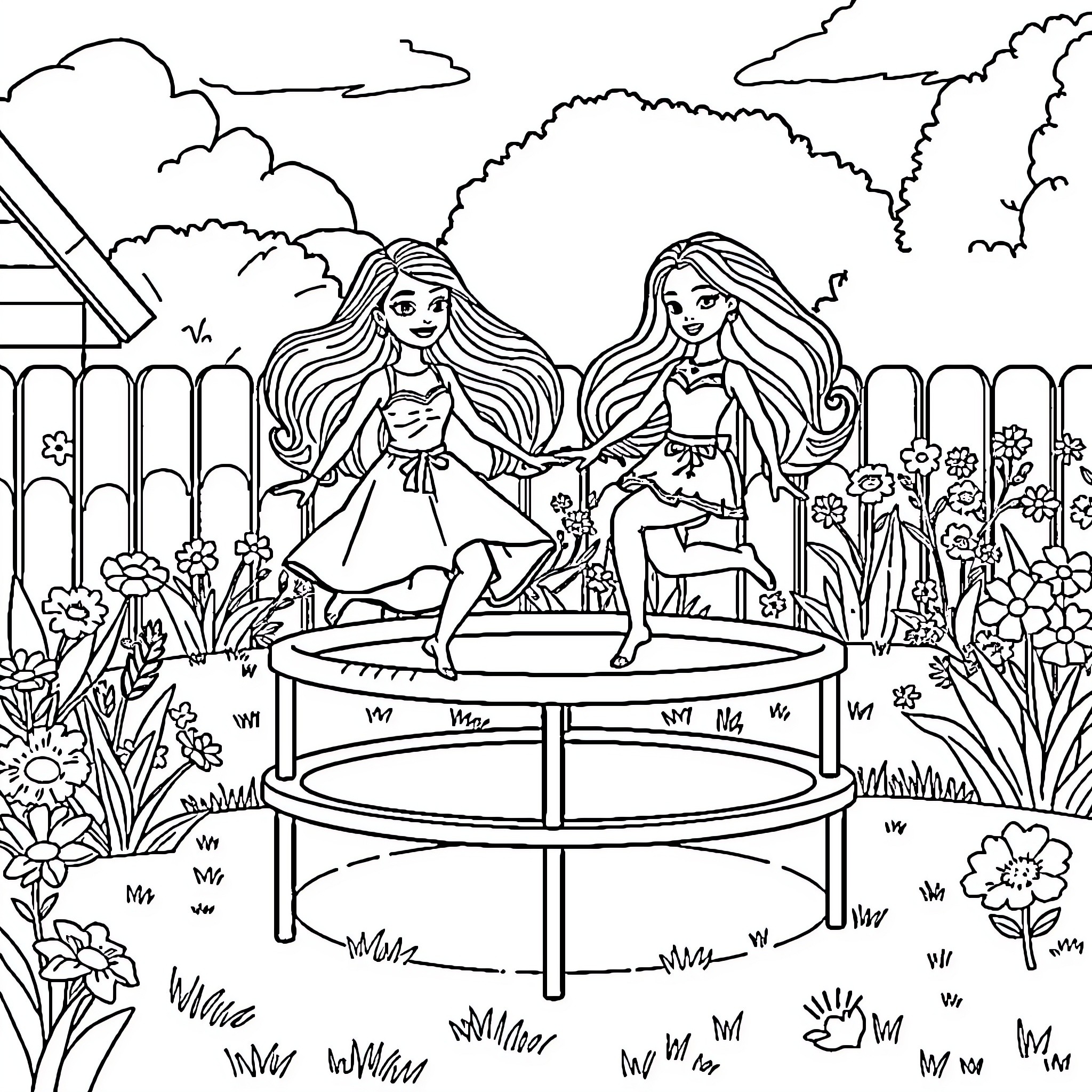 Barbie girls enjoying a joyful day in the garden Coloring Page (free black-and-white line drawing printable PDF for all, from beginners to advanced learners, including children, teens, adults, and seniors)