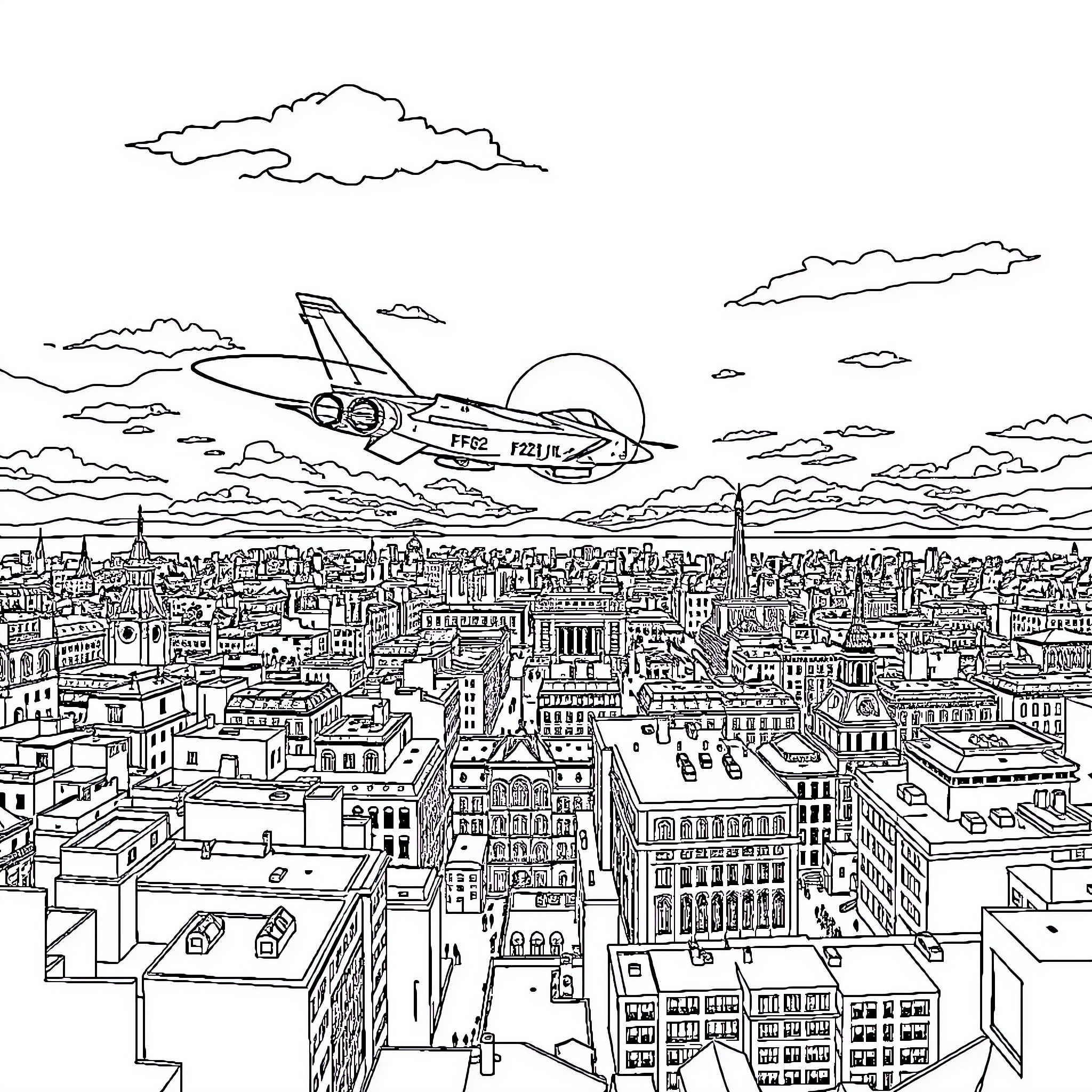 F22 jet soaring over a bustling cityscape Coloring Page (free black-and-white line drawing printable PDF for all, from beginners to advanced learners, including children, teens, adults, and seniors)