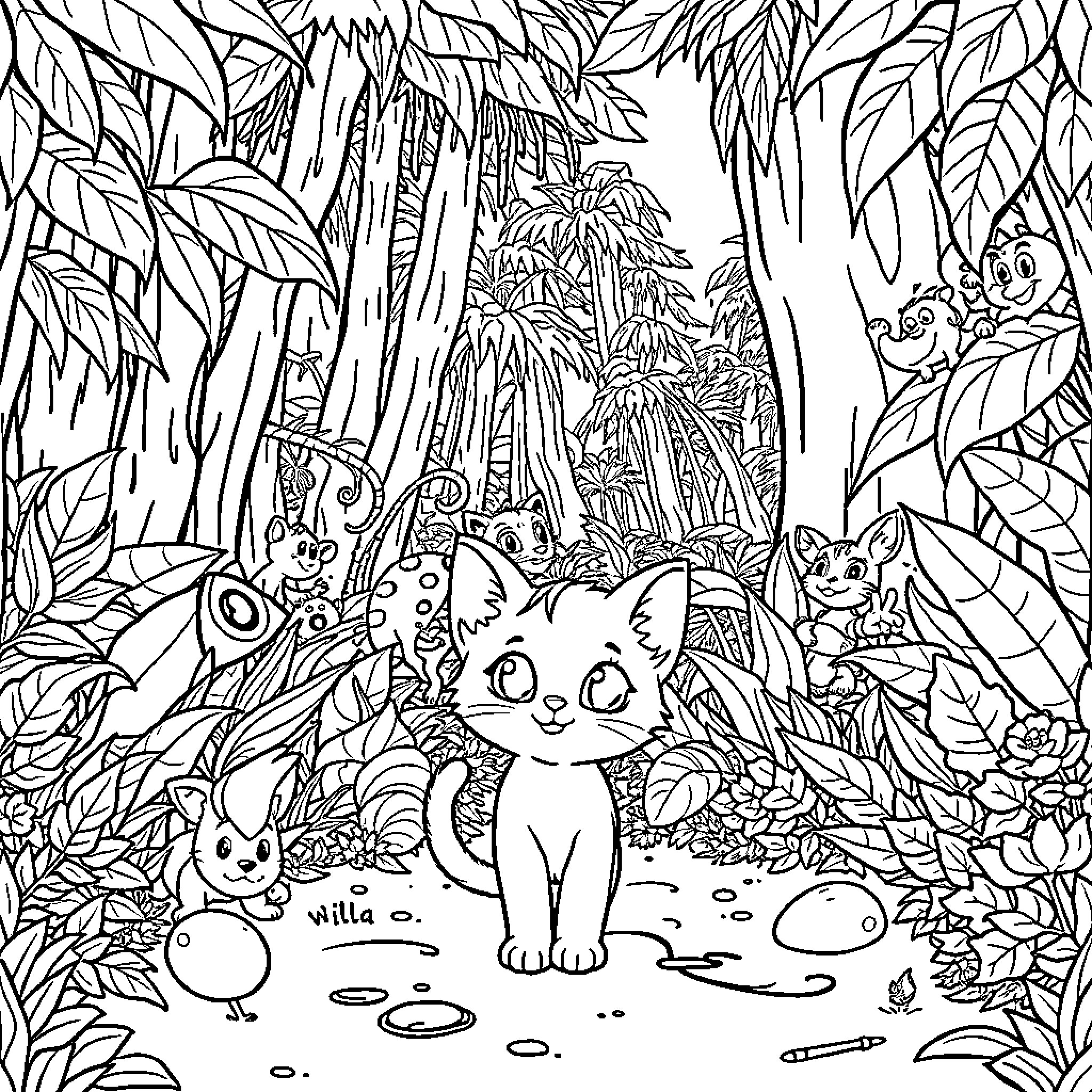 Kitty exploring the enchanted forest Coloring Page (free black-and-white line drawing printable PDF for all, from beginners to advanced learners, including children, teens, adults, and seniors)