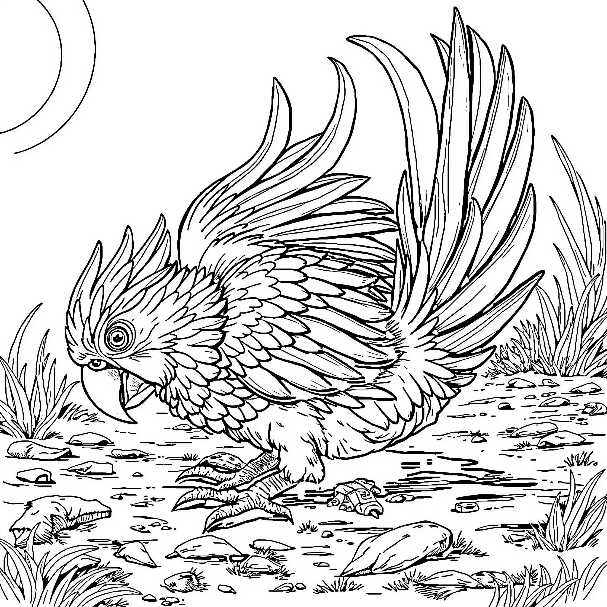 Cockatoo exploring a natural environment Coloring Page (free black-and-white line drawing printable PDF for all, from beginners to advanced learners, including children, teens, adults, and seniors)