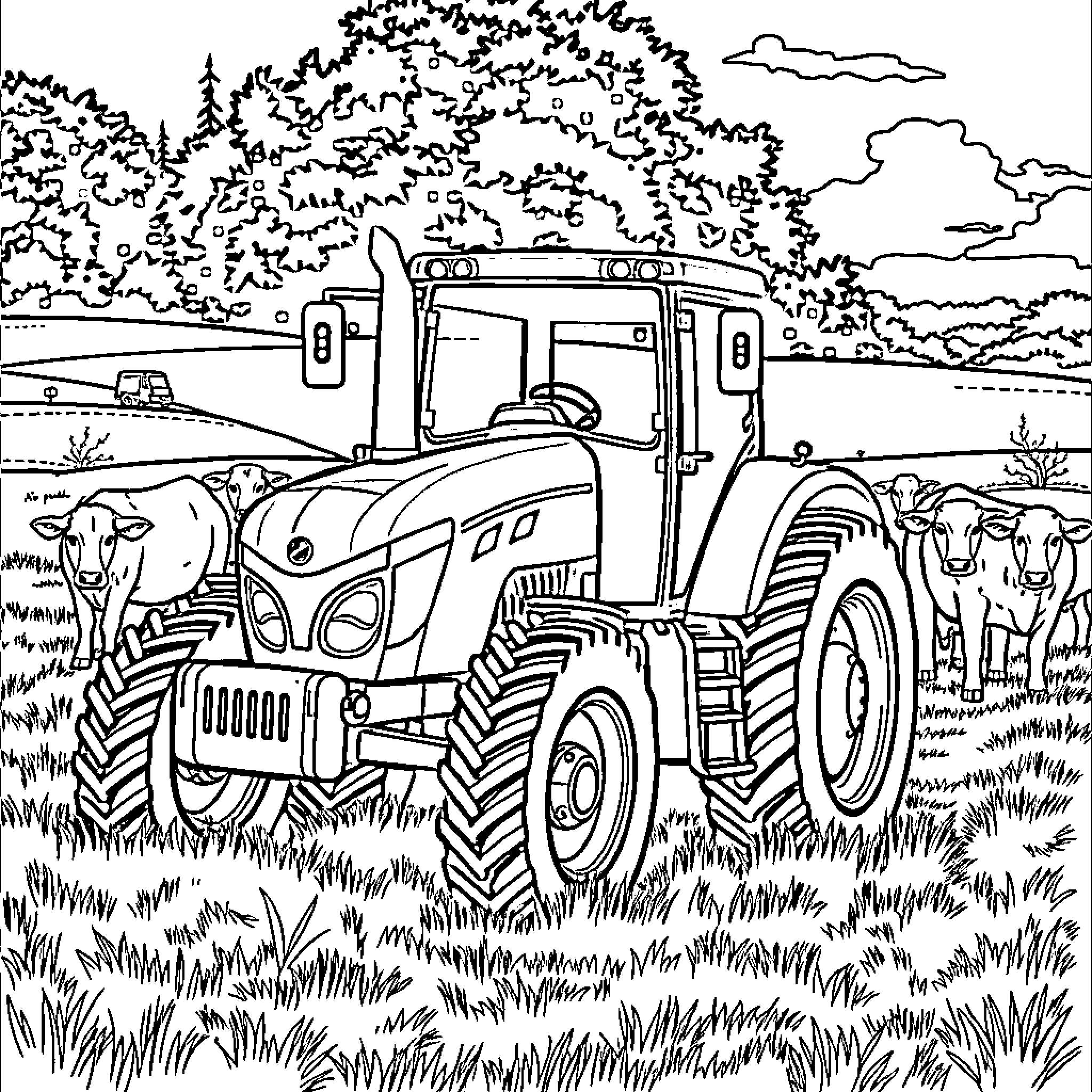 Tractor plowing through a scenic countryside landscape Coloring Page (free black-and-white line drawing printable PDF for all, from beginners to advanced learners, including children, teens, adults, and seniors)
