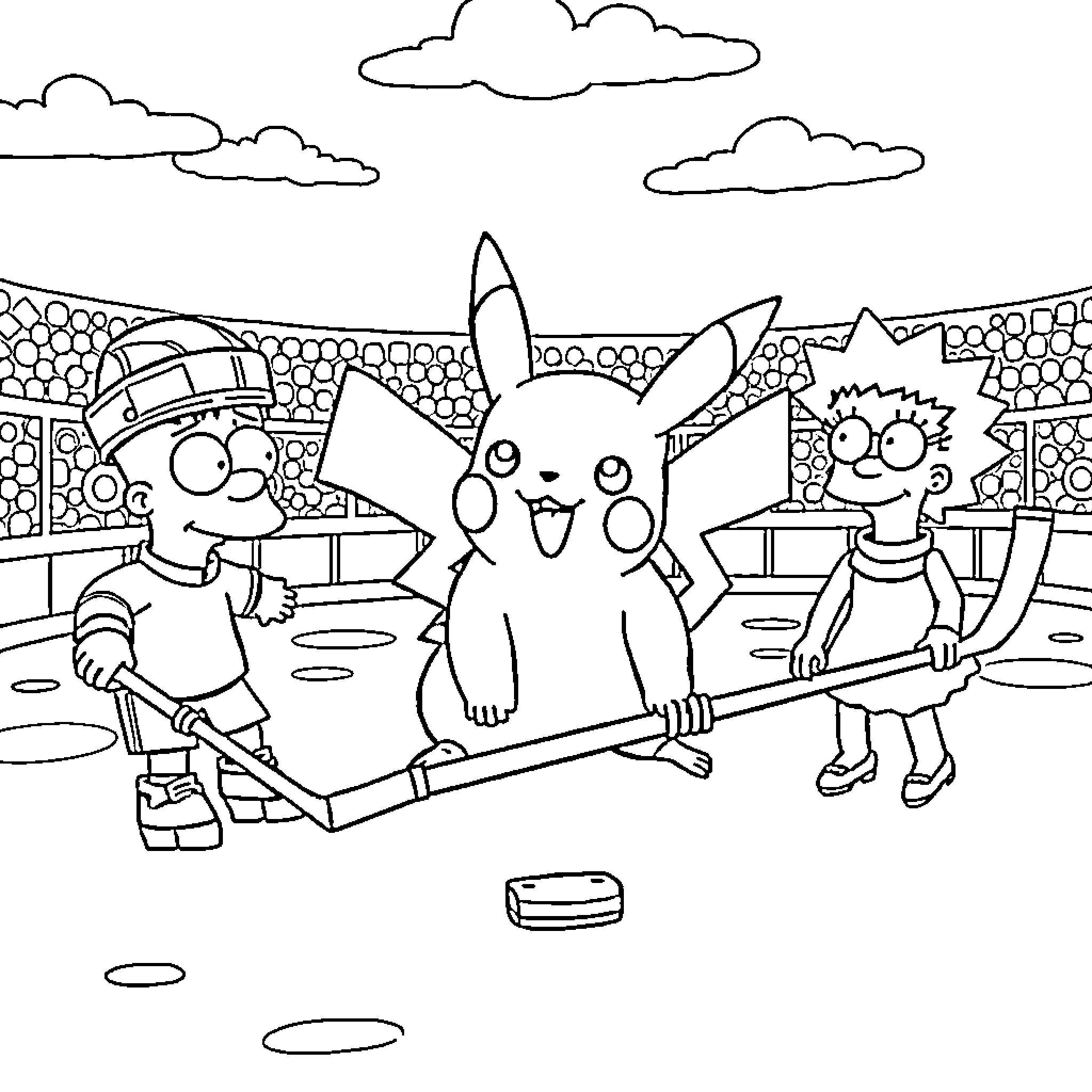 Pikachu Playing Baseball with Friends in the Park Coloring Page (free black-and-white line drawing printable PDF for all, from beginners to advanced learners, including children, teens, adults, and seniors)