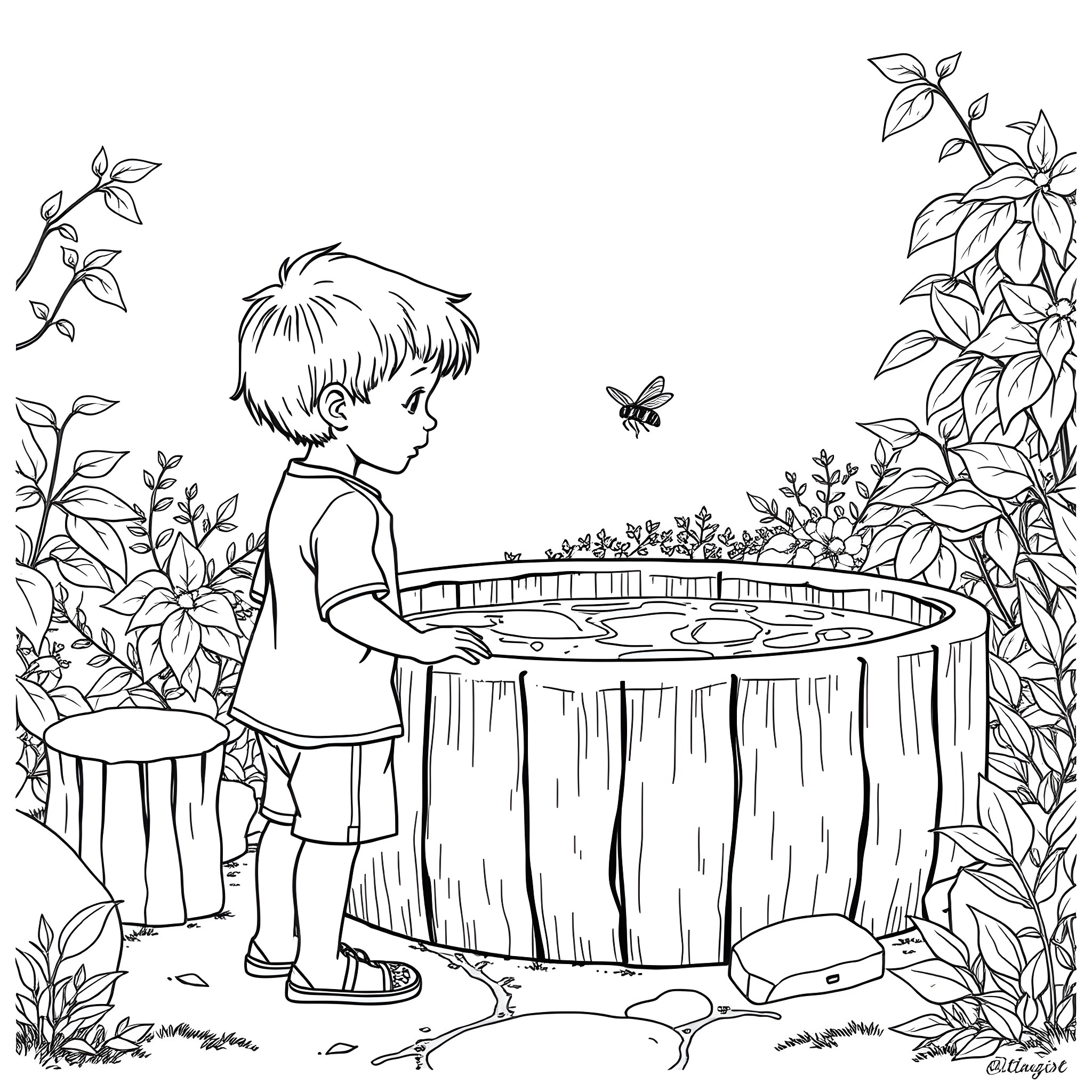 Child playing with butterfly in the garden Coloring Page (free black-and-white line drawing printable PDF for all, from beginners to advanced learners, including children, teens, adults, and seniors)