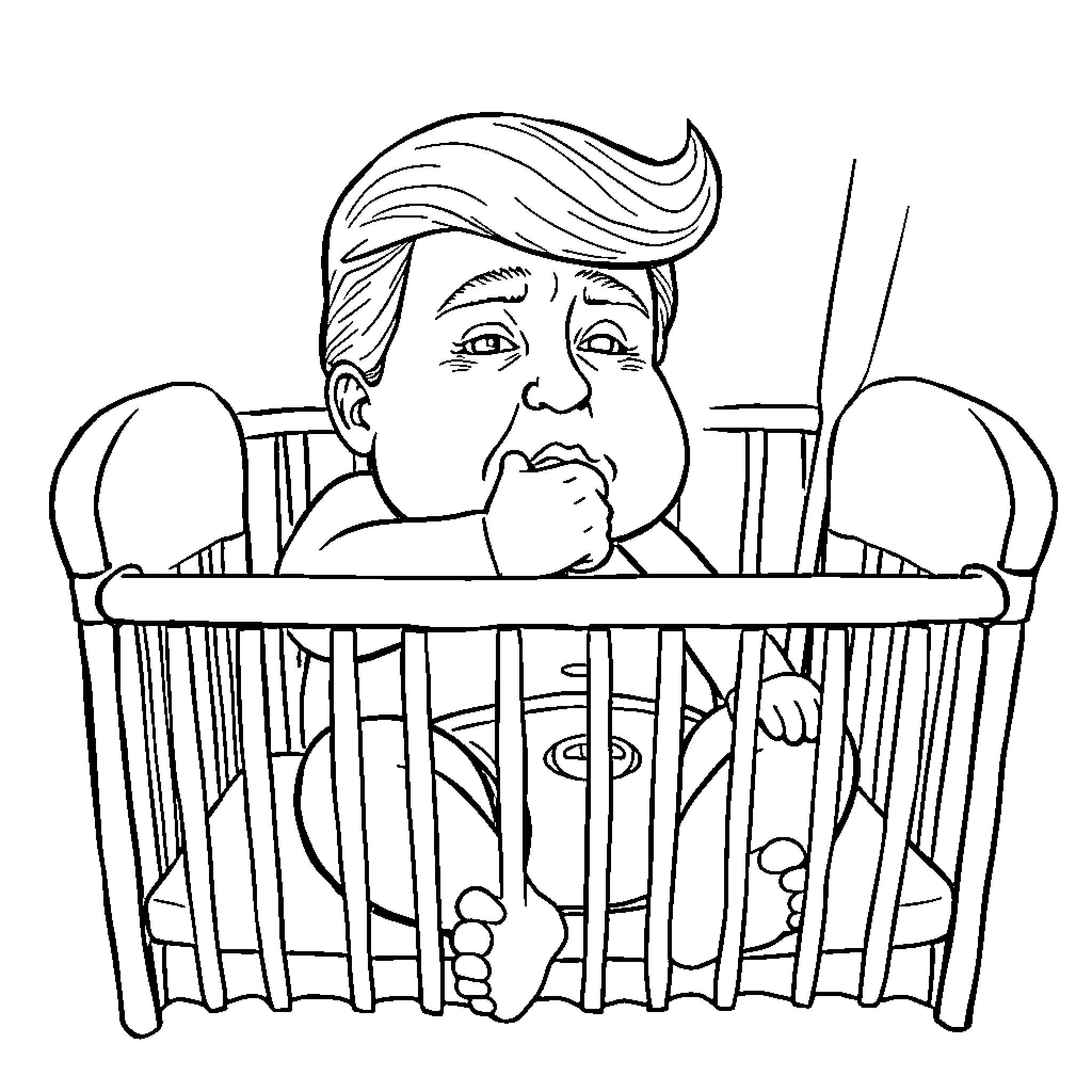 Trump depicted in a crib with a concerned expression Coloring Page (free black-and-white line drawing printable PDF for all, from beginners to advanced learners, including children, teens, adults, and seniors)