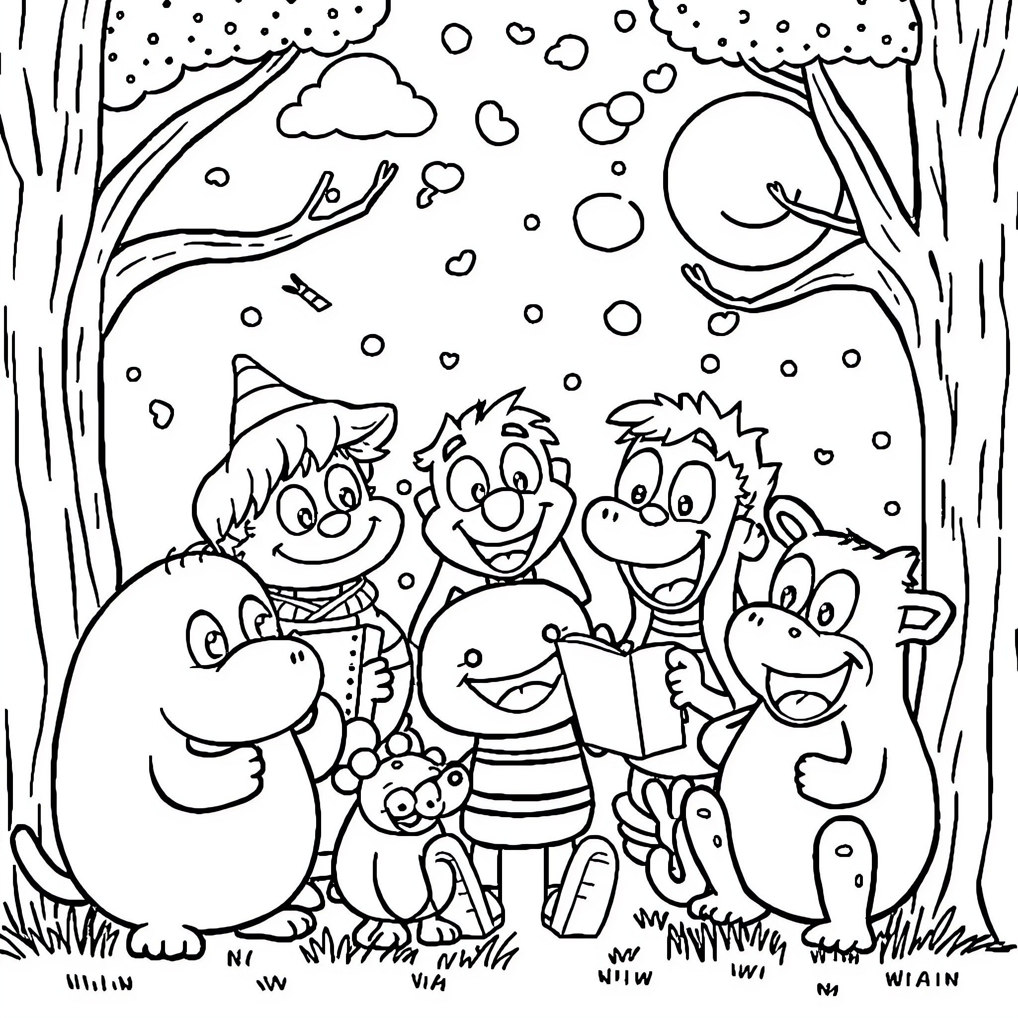 Cartoon Friends Playing in the Snow Coloring Page (free black-and-white line drawing printable PDF for all, from beginners to advanced learners, including children, teens, adults, and seniors)