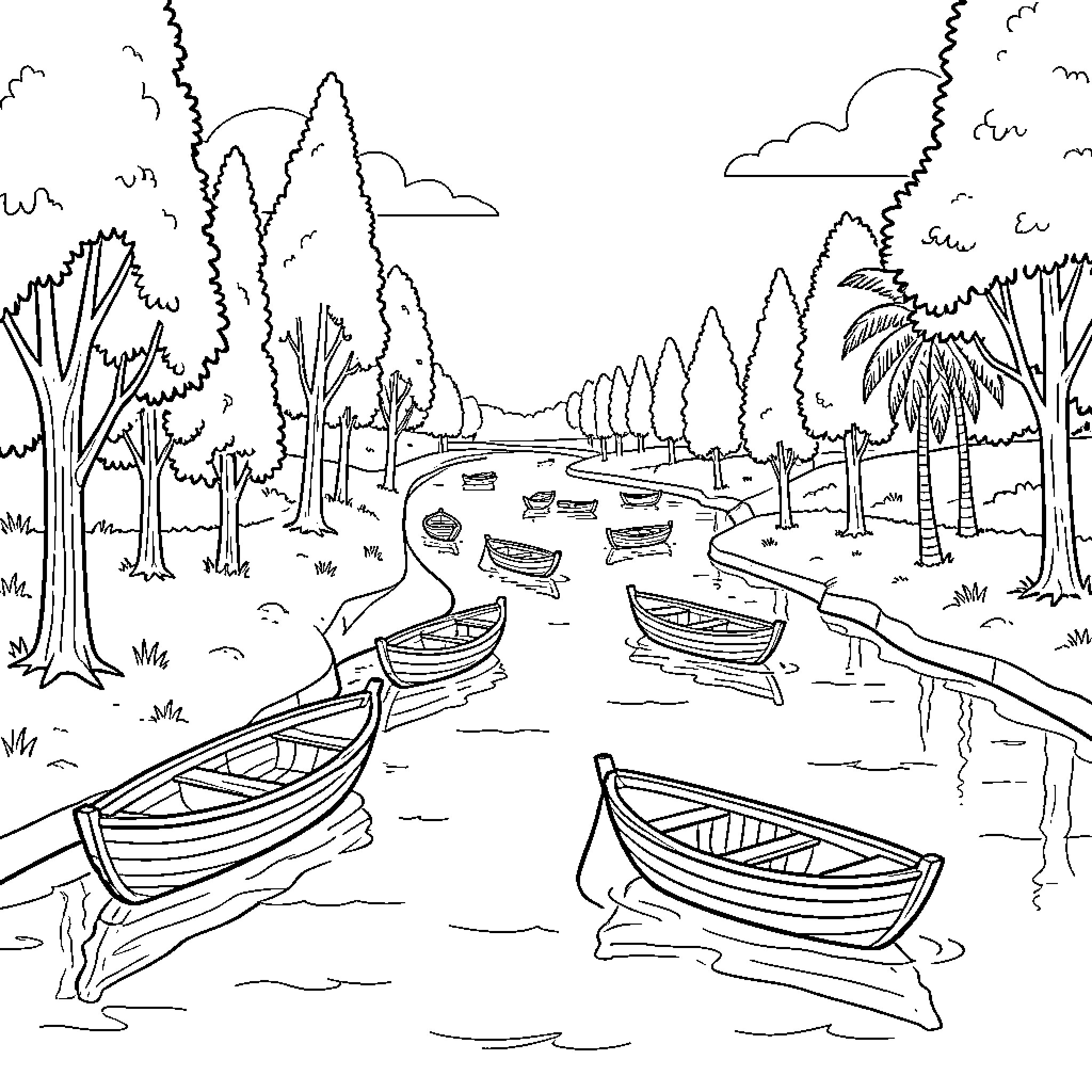 Egypt landscape with boats floating on a river Coloring Page (free black-and-white line drawing printable PDF for all, from beginners to advanced learners, including children, teens, adults, and seniors)