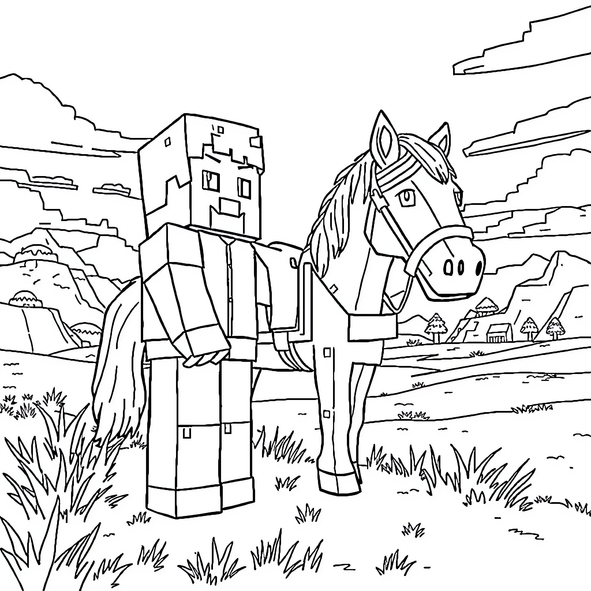Steve's Minecraft Adventure with a Playful Horse Coloring Page (free black-and-white line drawing printable PDF for all, from beginners to advanced learners, including children, teens, adults, and seniors)