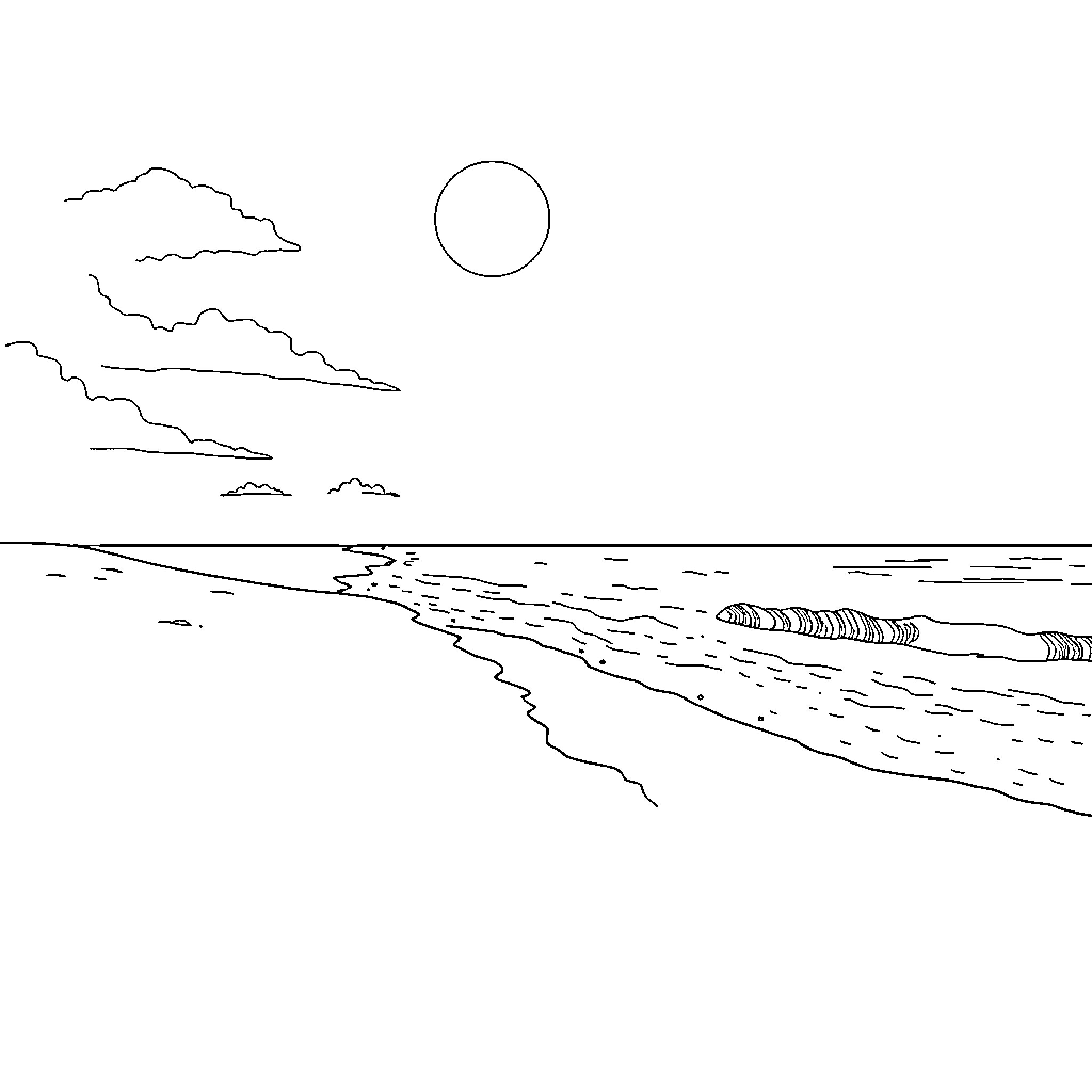 Beach under the sun Coloring Page (free black-and-white line drawing printable PDF for all, from beginners to advanced learners, including children, teens, adults, and seniors)