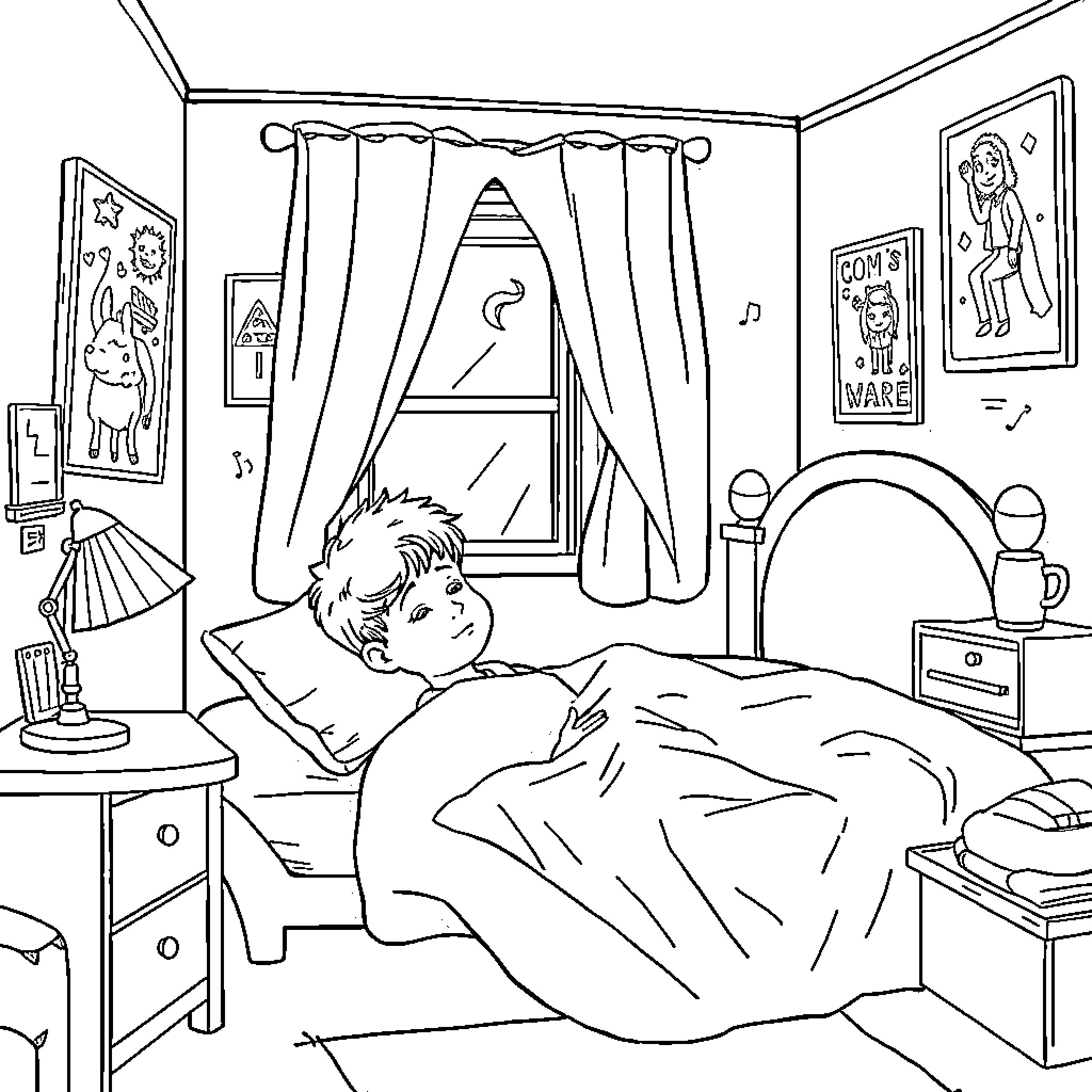 Child sleeping peacefully in bedroom Coloring Page (free black-and-white line drawing printable PDF for all, from beginners to advanced learners, including children, teens, adults, and seniors)