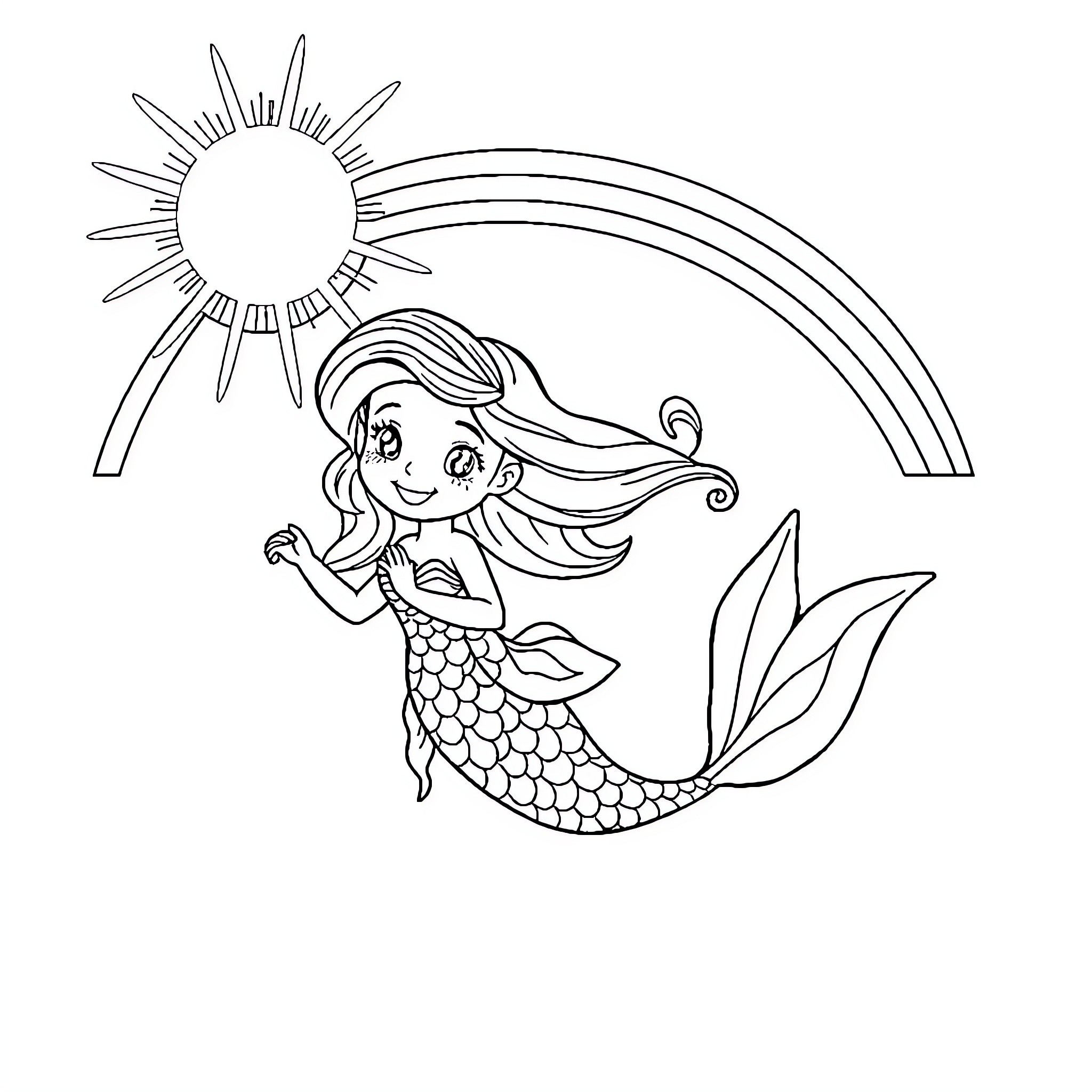 Mermaid enjoying a sunny day by the sea Coloring Page (free black-and-white line drawing printable PDF for all, from beginners to advanced learners, including children, teens, adults, and seniors)