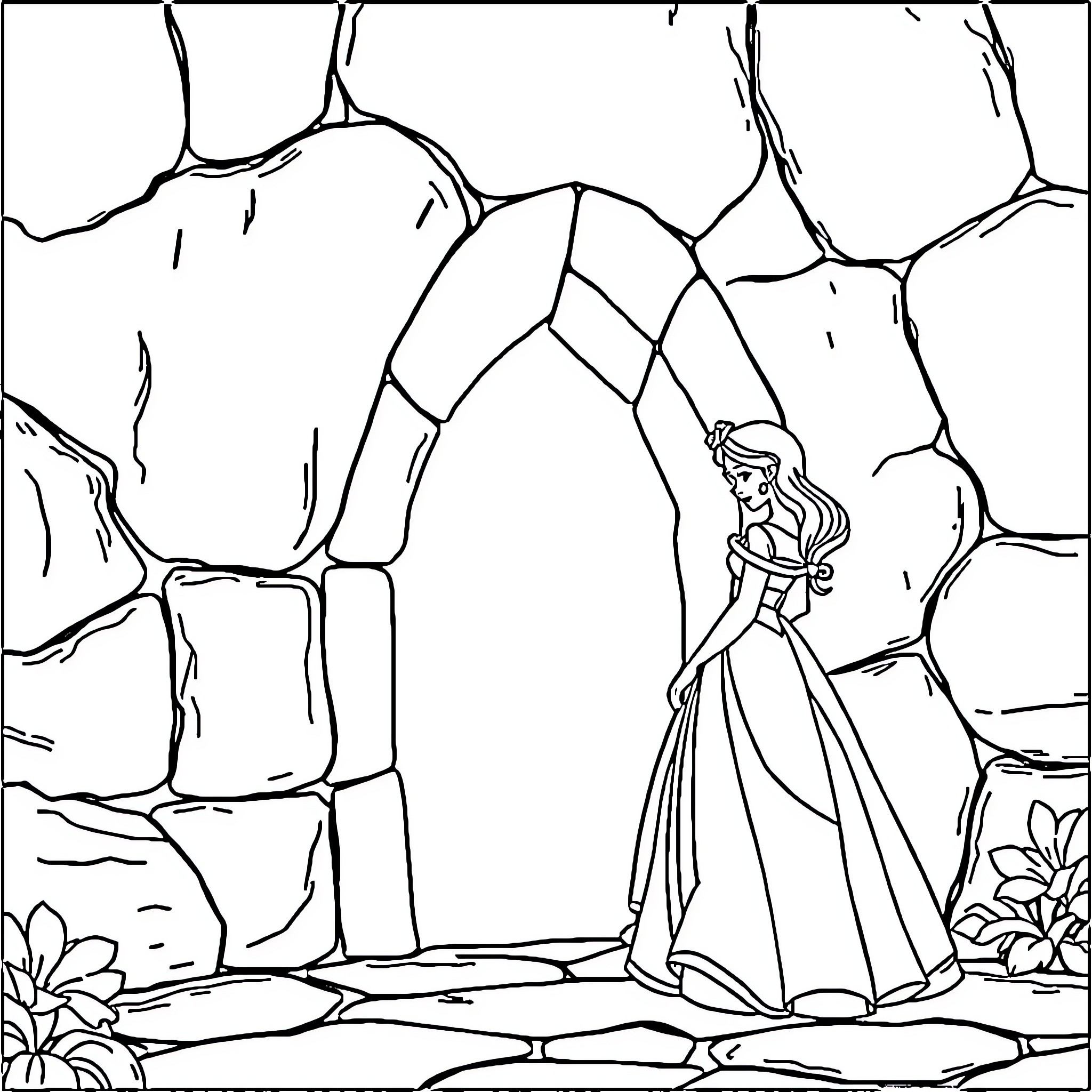 Disney Princess in a Magical Woodland Scene Coloring Page (free black-and-white line drawing printable PDF for all, from beginners to advanced learners, including children, teens, adults, and seniors)
