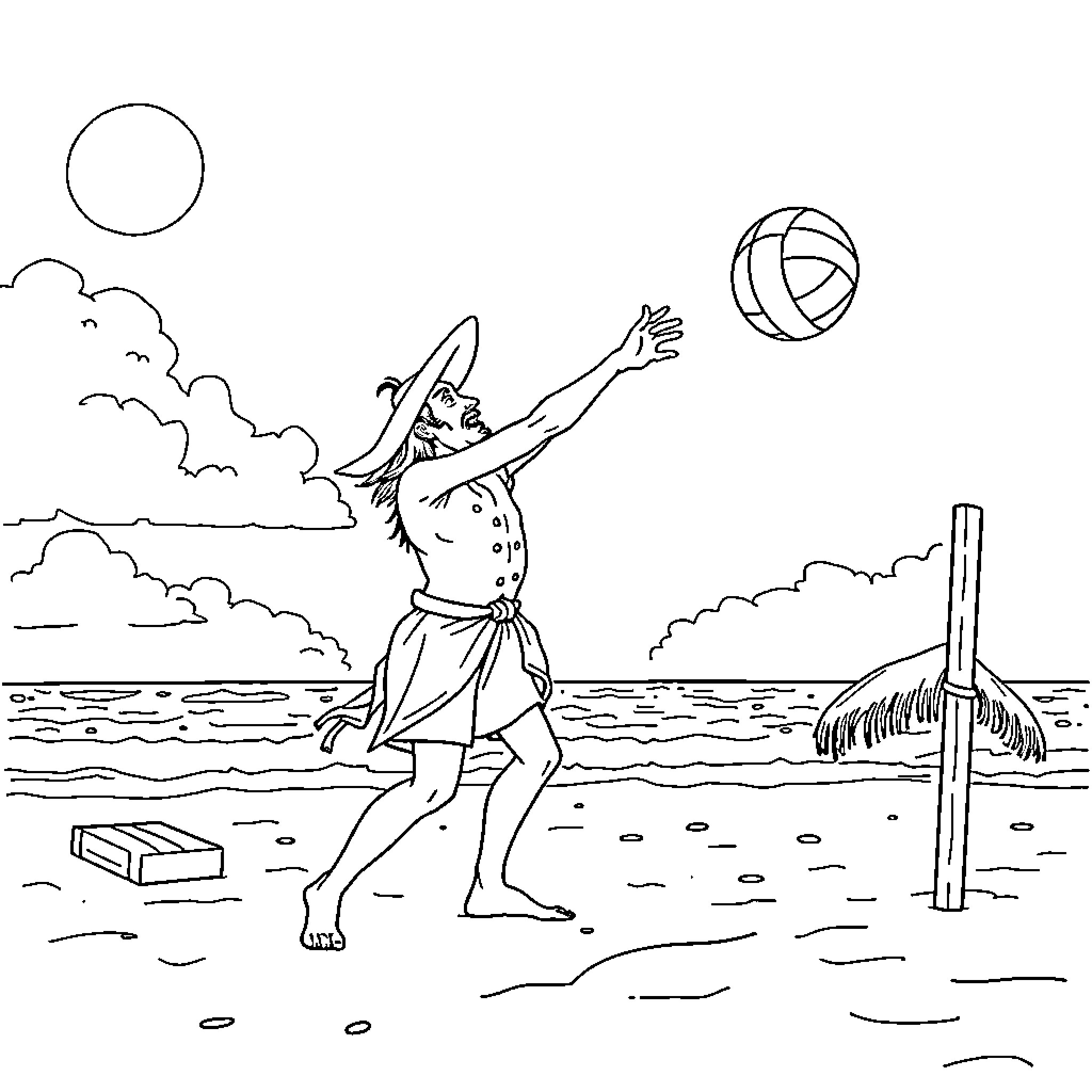 Don Quijote Playing Volleyball on the Beach Coloring Page (free black-and-white line drawing printable PDF for all, from beginners to advanced learners, including children, teens, adults, and seniors)