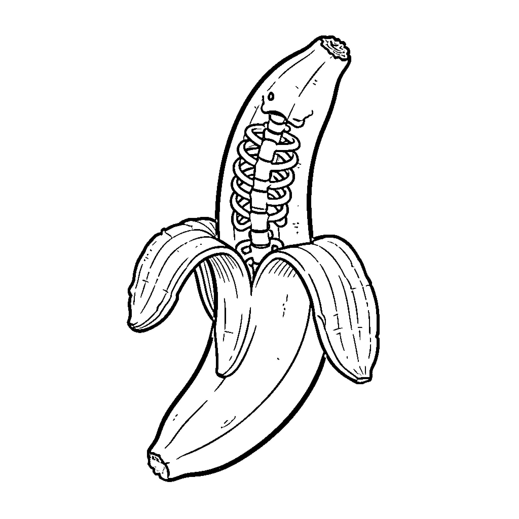 Banana peeled to reveal a skeletal structure inside Coloring Page (free black-and-white line drawing printable PDF for all, from beginners to advanced learners, including children, teens, adults, and seniors)