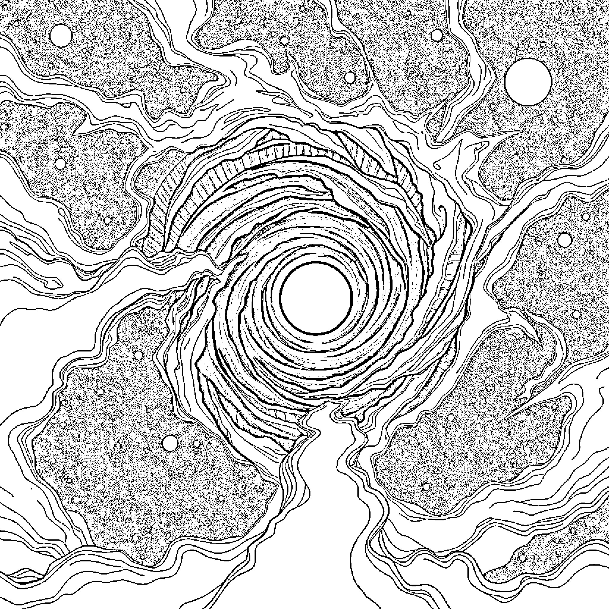 Black Hole Swirling in Cosmic Space Coloring Page (free black-and-white line drawing printable PDF for all, from beginners to advanced learners, including children, teens, adults, and seniors)