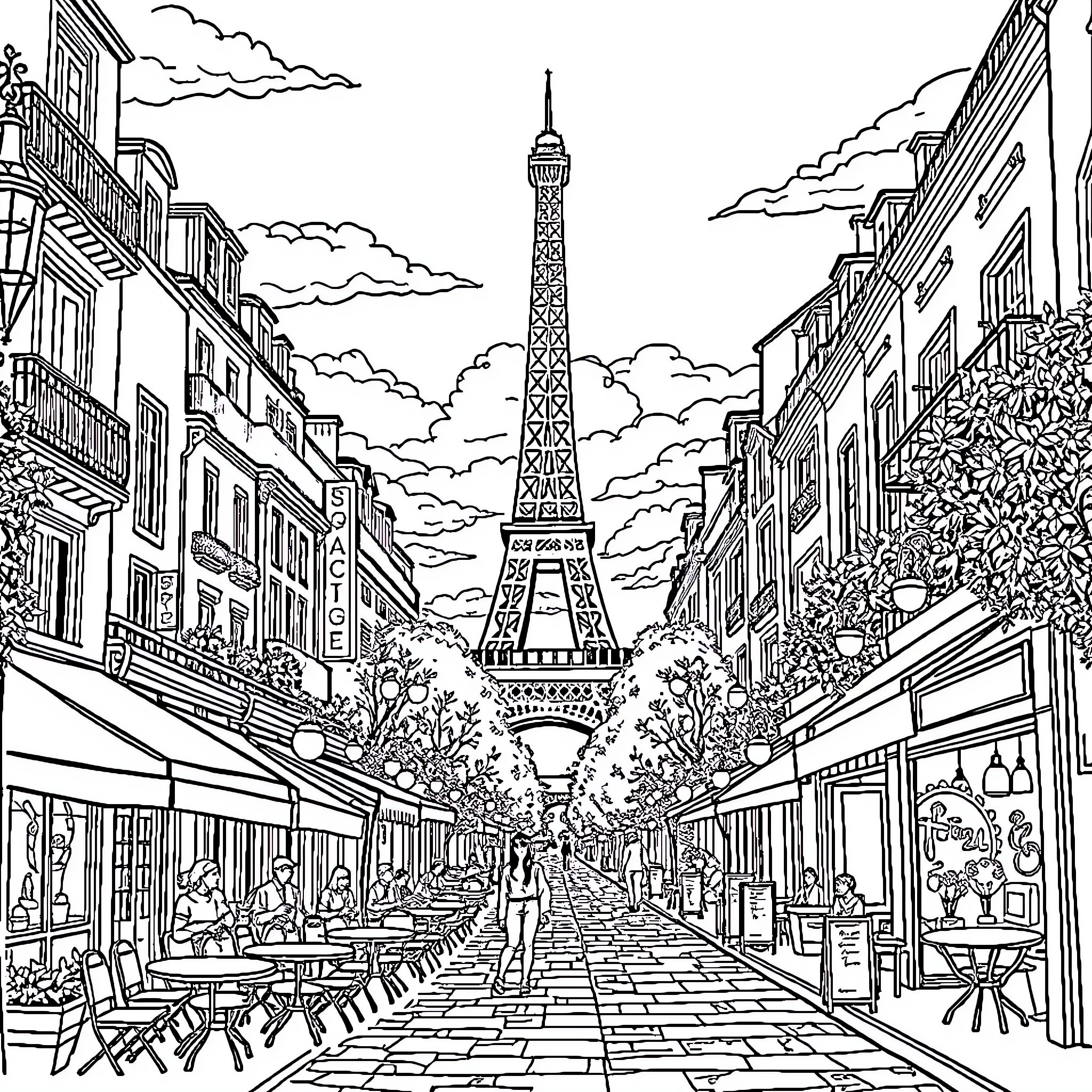 Paris street scene with Eiffel Tower in the distance Coloring Page (free black-and-white line drawing printable PDF for all, from beginners to advanced learners, including children, teens, adults, and seniors)
