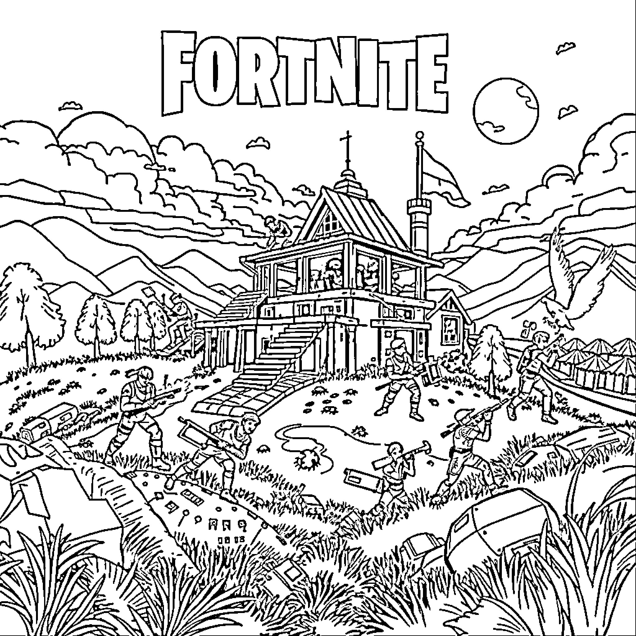 Fortnite characters in a vibrant outdoor scene Coloring Page (free black-and-white line drawing printable PDF for all, from beginners to advanced learners, including children, teens, adults, and seniors)