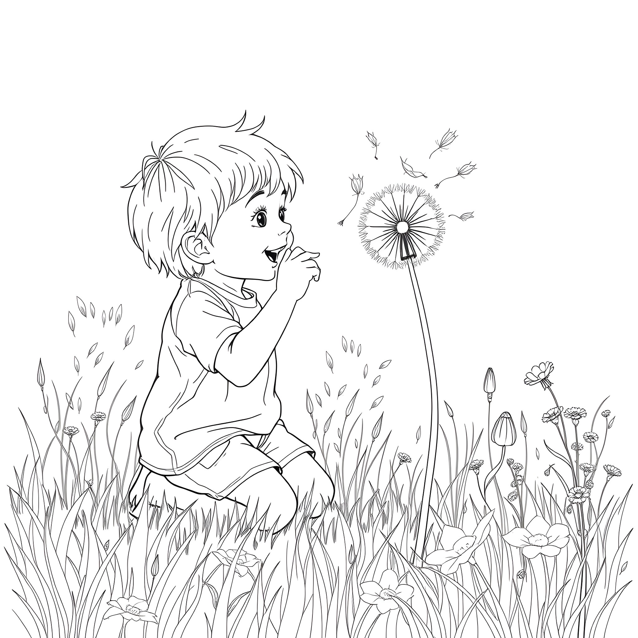 Dandelion child playing in the meadow Coloring Page (free black-and-white line drawing printable PDF for all, from beginners to advanced learners, including children, teens, adults, and seniors)
