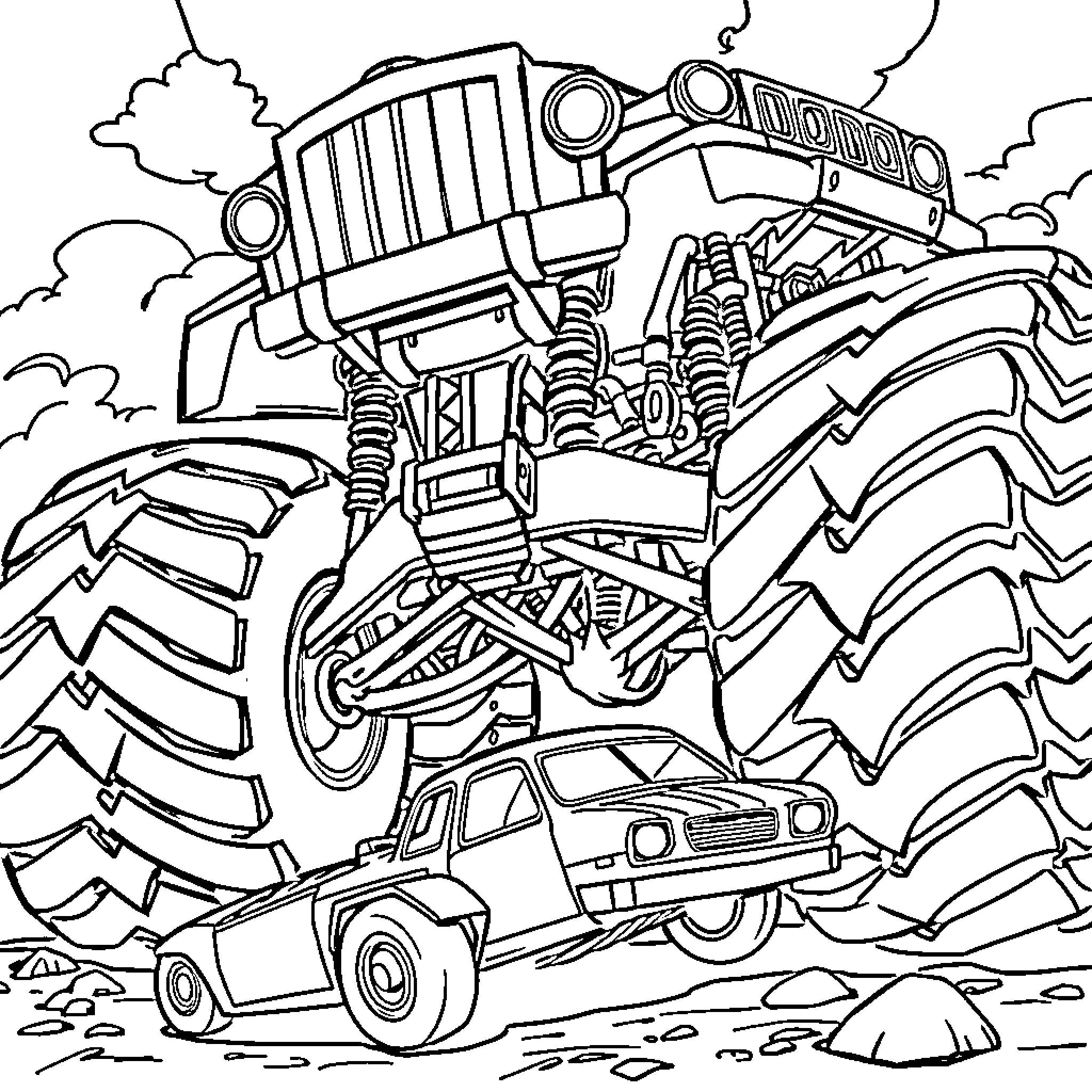 Monster Truck Crushes Smaller Vehicle on Rugged Terrain Coloring Page (free black-and-white line drawing printable PDF for all, from beginners to advanced learners, including children, teens, adults, and seniors)