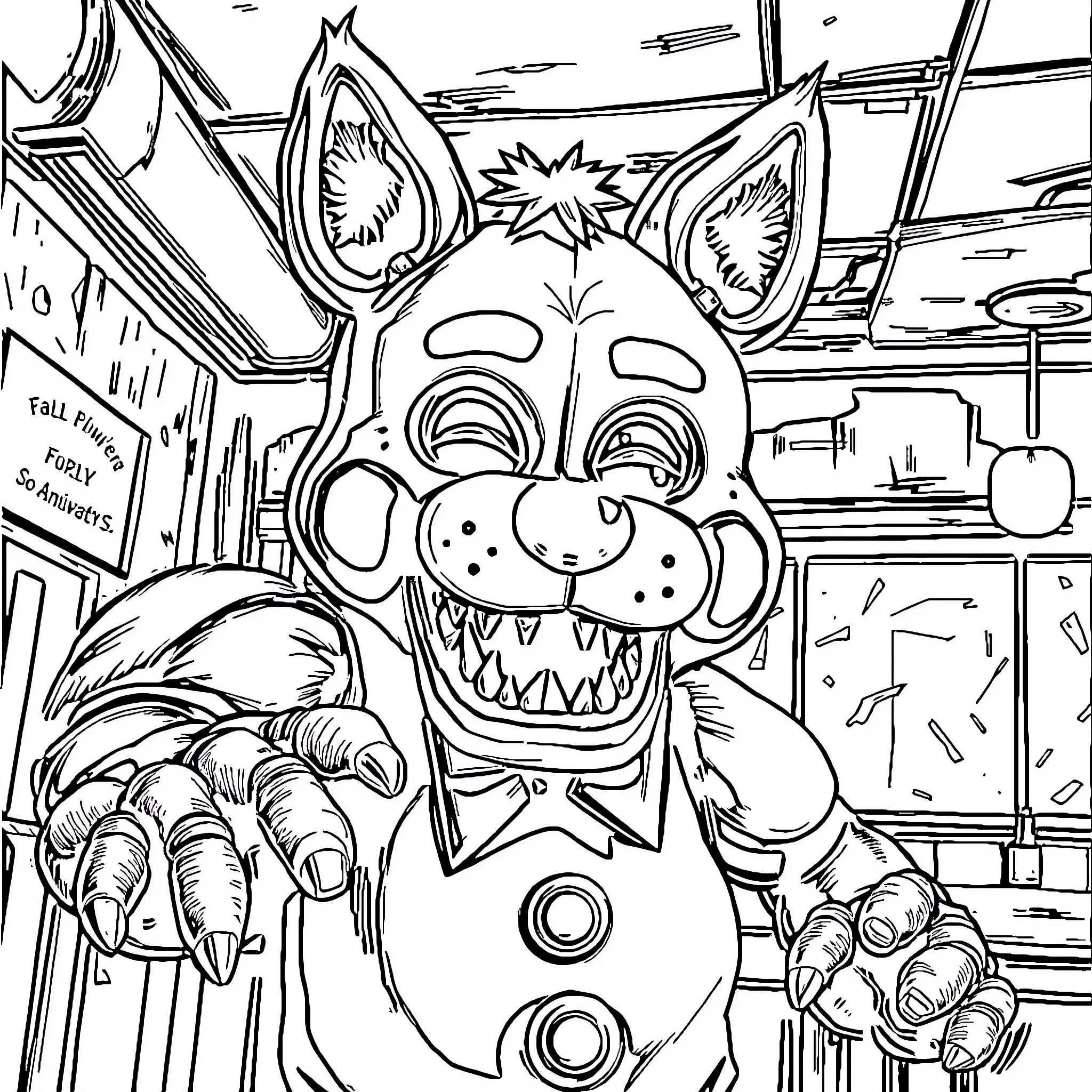 Foxy Animatronic Lurking in Dismal Diner Coloring Page (free black-and-white line drawing printable PDF for all, from beginners to advanced learners, including children, teens, adults, and seniors)