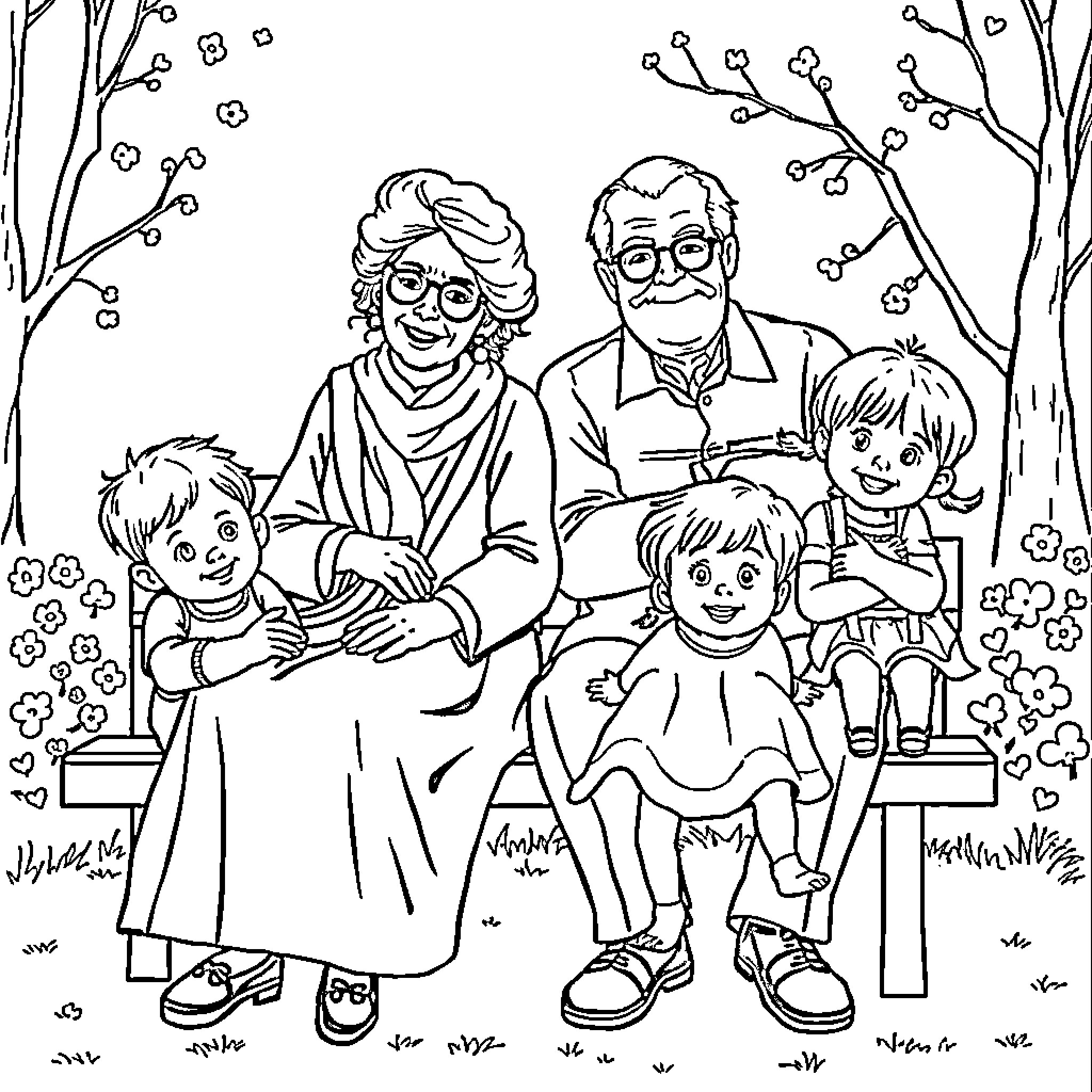 Grandparent's Joyful Family Gathering Coloring Page (free black-and-white line drawing printable PDF for all, from beginners to advanced learners, including children, teens, adults, and seniors)