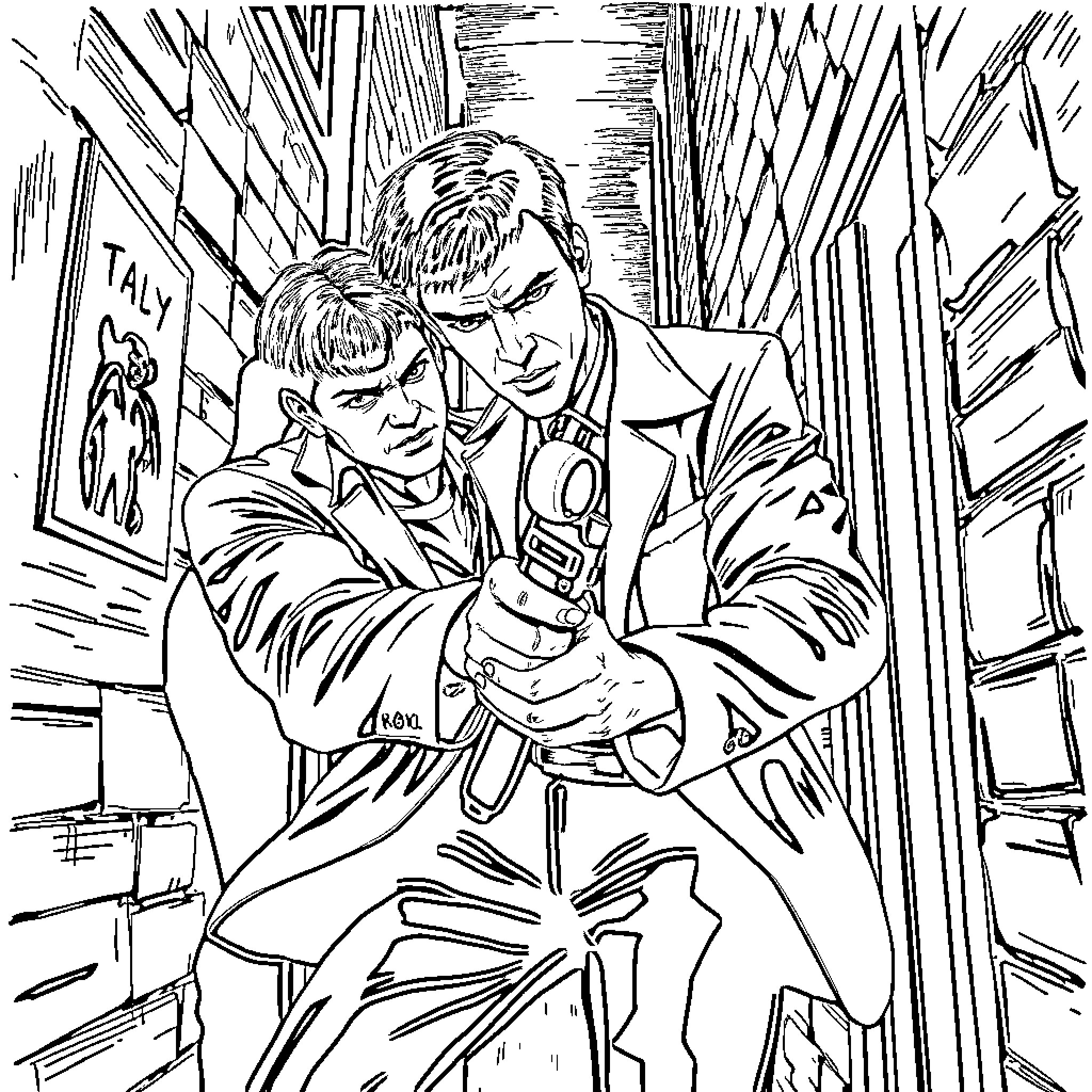 Dexter Brothers in Armed Confrontation Coloring Page (free black-and-white line drawing printable PDF for all, from beginners to advanced learners, including children, teens, adults, and seniors)