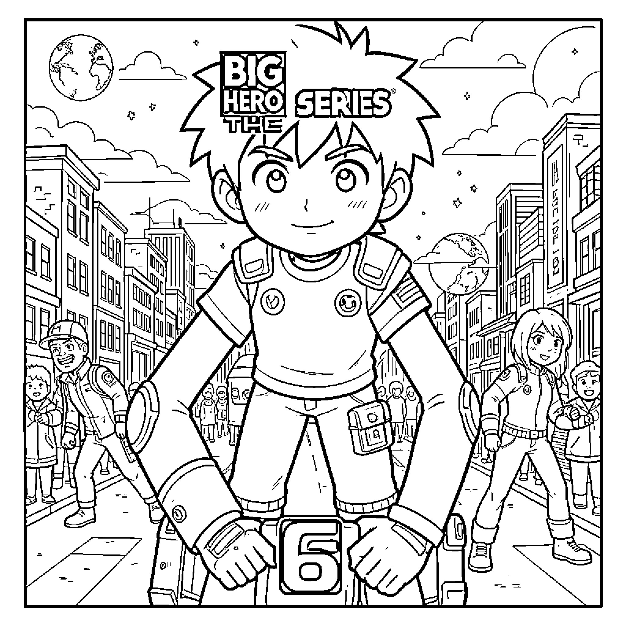 Hiro Hamada smiling in a futuristic city street Coloring Page (free black-and-white line drawing printable PDF for all, from beginners to advanced learners, including children, teens, adults, and seniors)