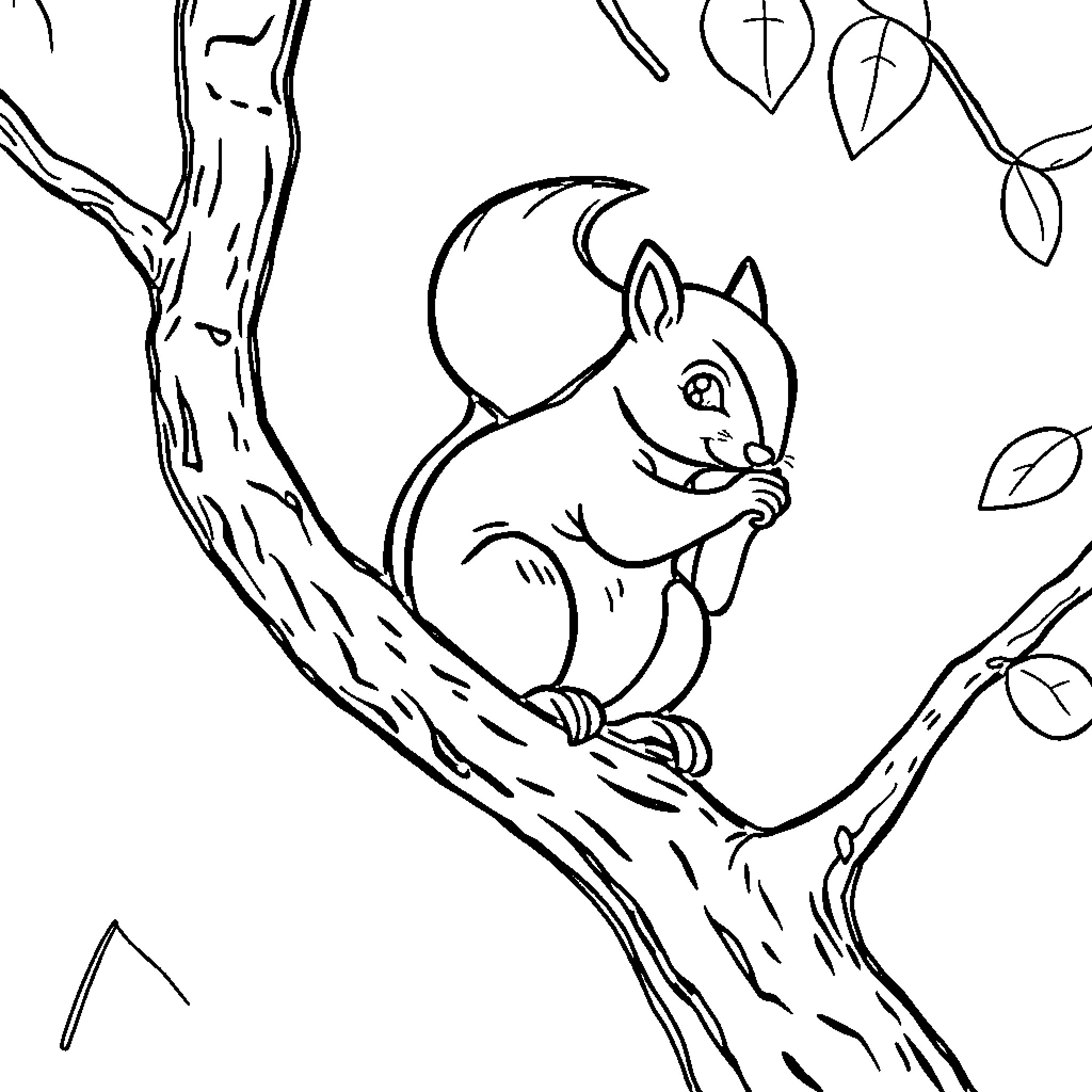 Squirrel exploring a tree branch Coloring Page (free black-and-white line drawing printable PDF for all, from beginners to advanced learners, including children, teens, adults, and seniors)