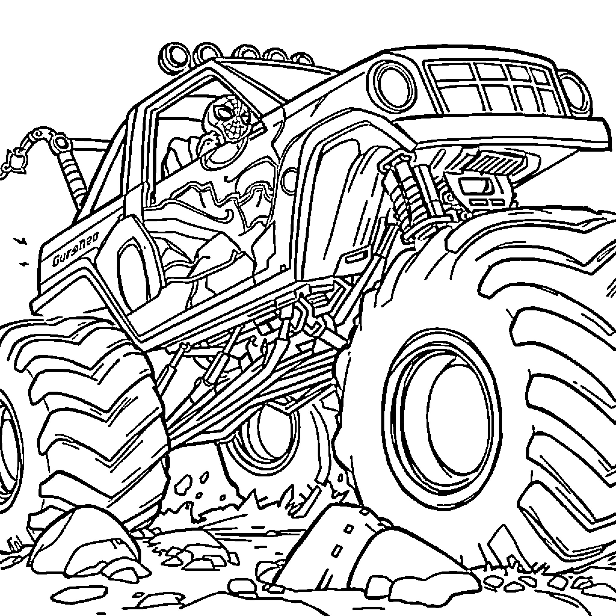 Spiderman Monster Truck Crushing Rocks on the Road Coloring Page (free black-and-white line drawing printable PDF for all, from beginners to advanced learners, including children, teens, adults, and seniors)