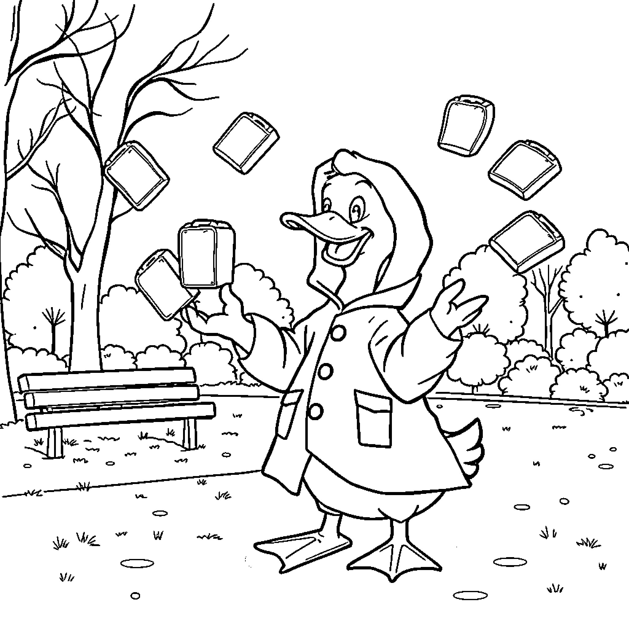 Duck collecting books in a park Coloring Page (free black-and-white line drawing printable PDF for all, from beginners to advanced learners, including children, teens, adults, and seniors)