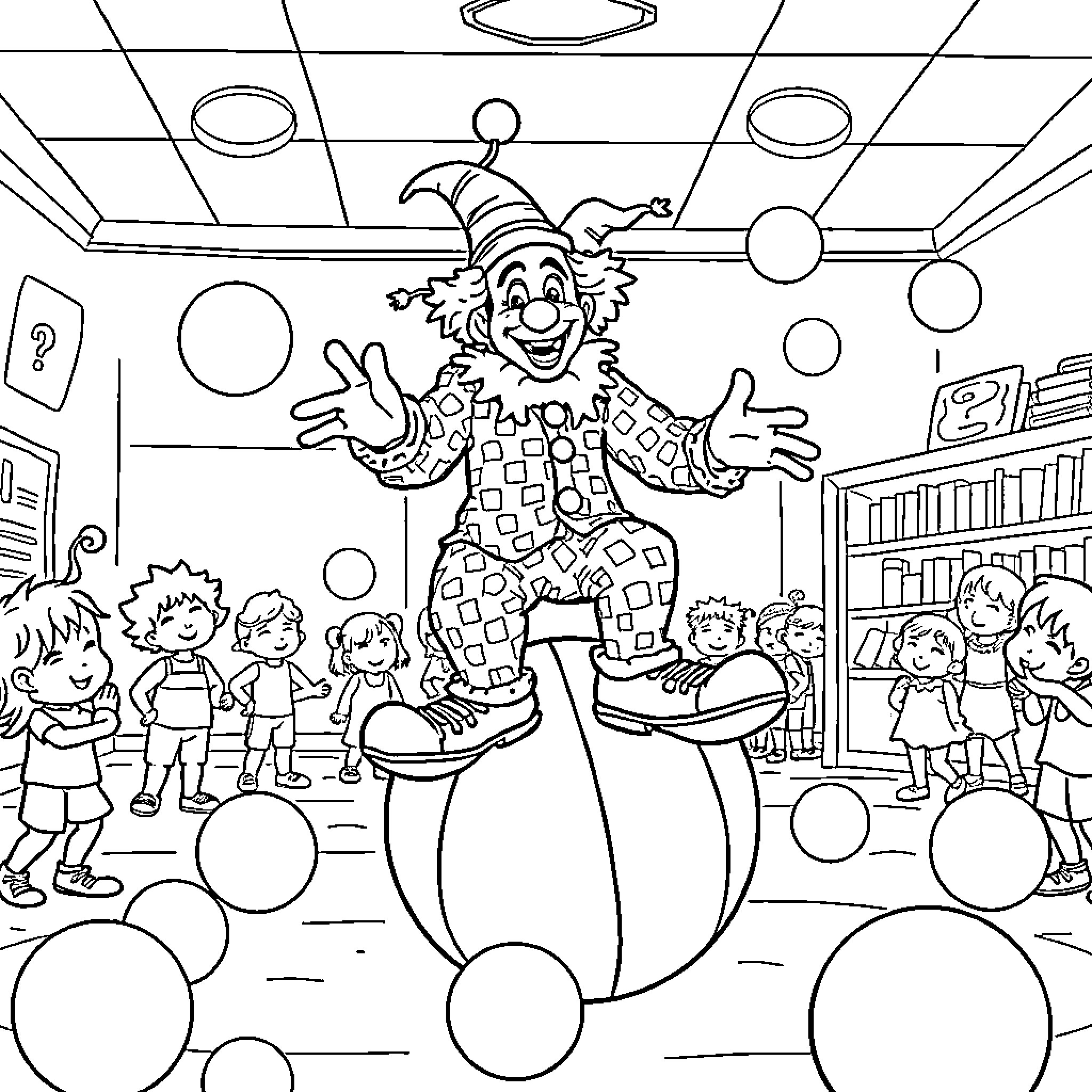 Clown entertaining children in a playful classroom Coloring Page (free black-and-white line drawing printable PDF for all, from beginners to advanced learners, including children, teens, adults, and seniors)