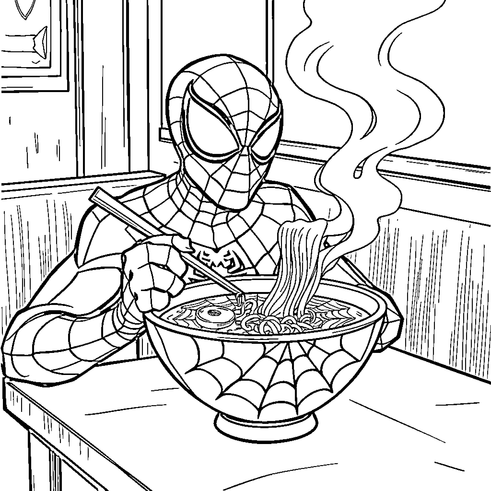Spiderman Enjoying a Warm Bowl of Soup Coloring Page (free black-and-white line drawing printable PDF for all, from beginners to advanced learners, including children, teens, adults, and seniors)
