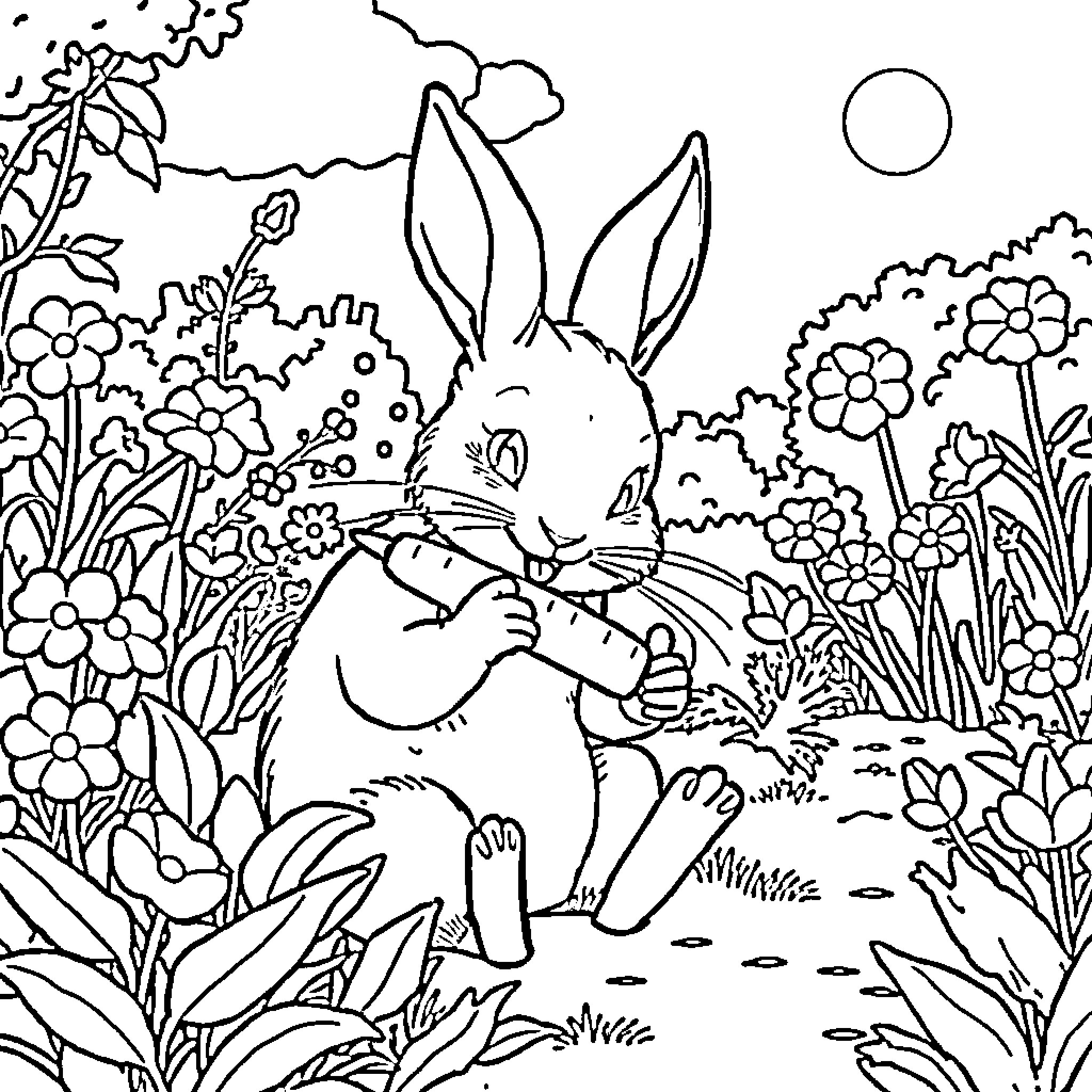 Peter Rabbit exploring the lush garden with animals Coloring Page (free black-and-white line drawing printable PDF for all, from beginners to advanced learners, including children, teens, adults, and seniors)