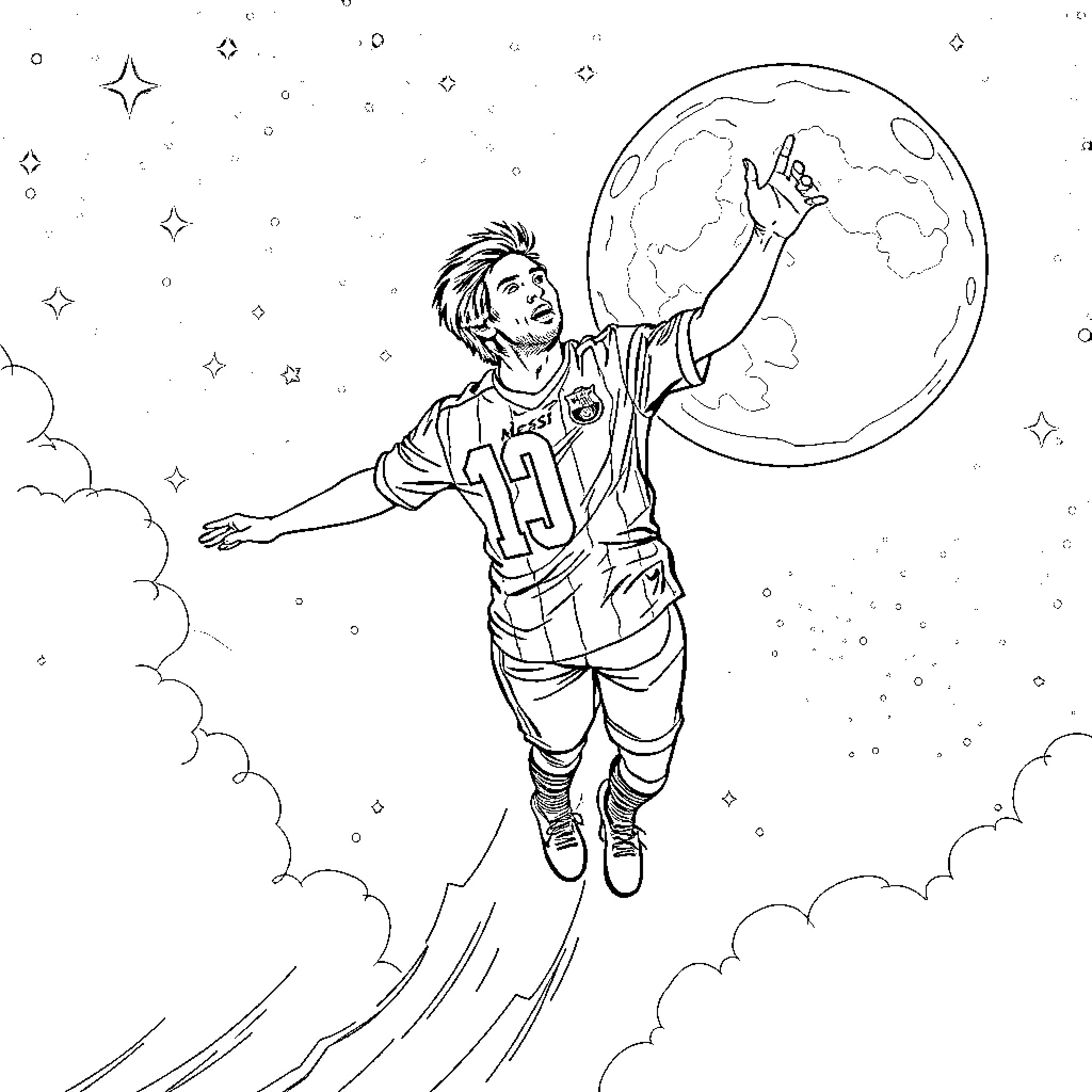 Messi reaching for the stars in the cosmos Coloring Page (free black-and-white line drawing printable PDF for all, from beginners to advanced learners, including children, teens, adults, and seniors)