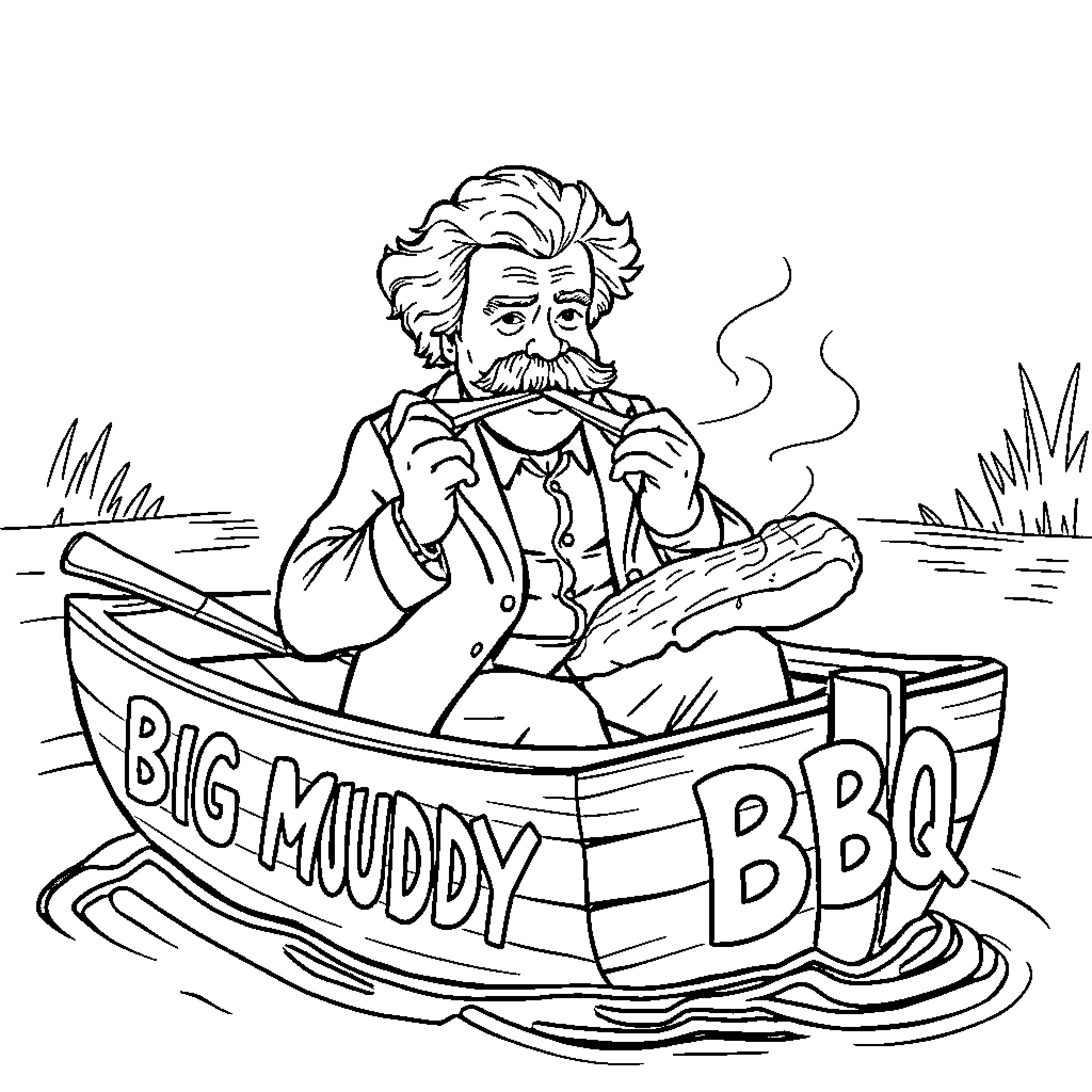 Mark Twain enjoying a boat trip and barbecue Coloring Page (free black-and-white line drawing printable PDF for all, from beginners to advanced learners, including children, teens, adults, and seniors)
