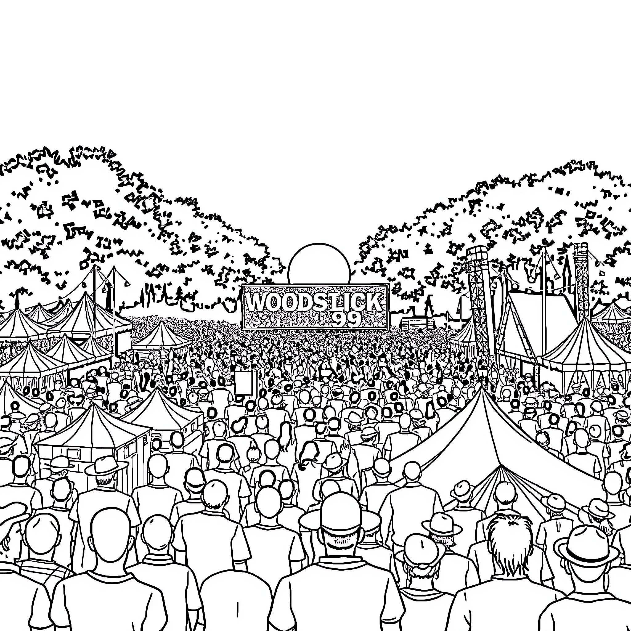 Woodstock: A Bustling Music Festival Coloring Page (free black-and-white line drawing printable PDF for all, from beginners to advanced learners, including children, teens, adults, and seniors)