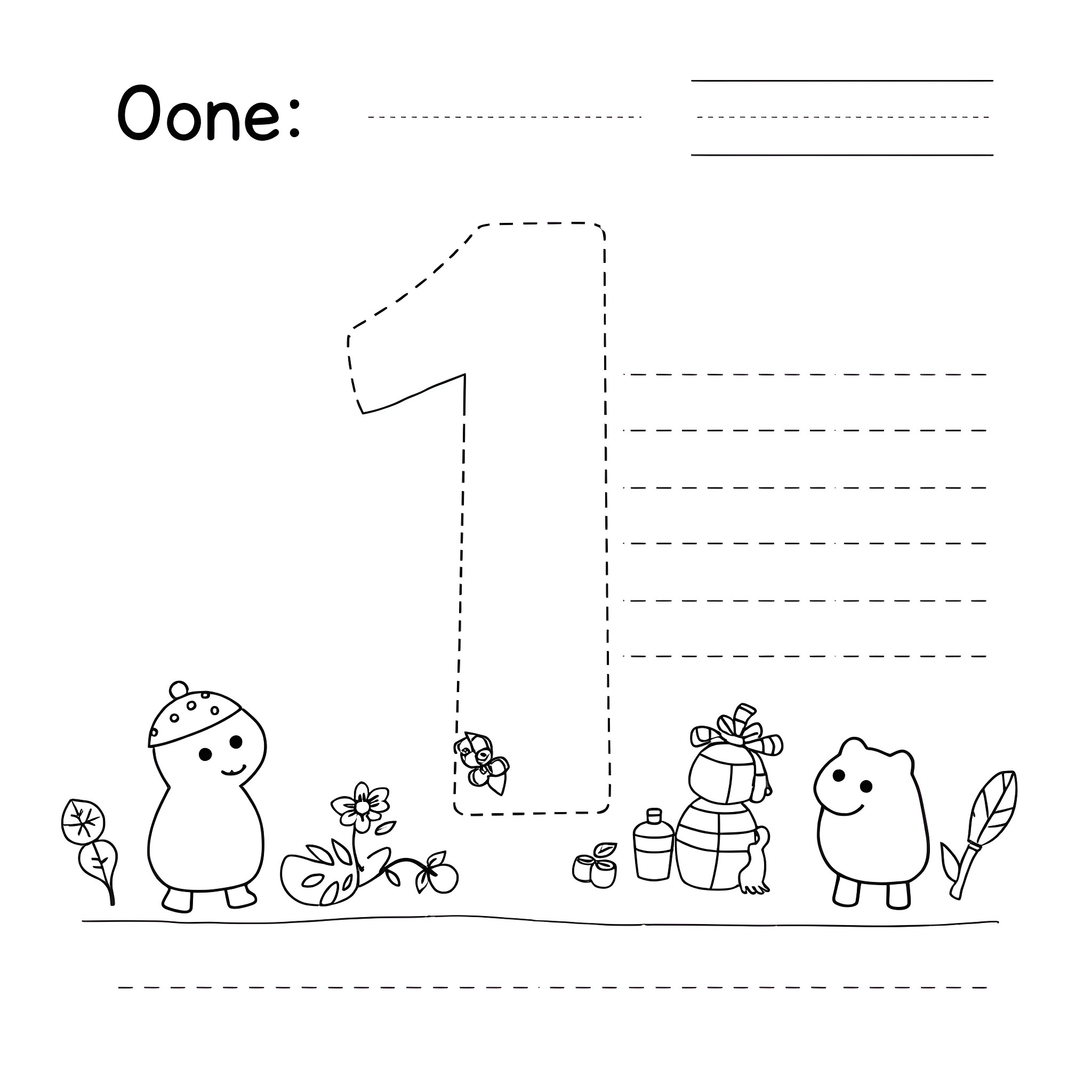 Number 1: Playful Creatures in Nature Coloring Page (free black-and-white line drawing printable PDF for all, from beginners to advanced learners, including children, teens, adults, and seniors)