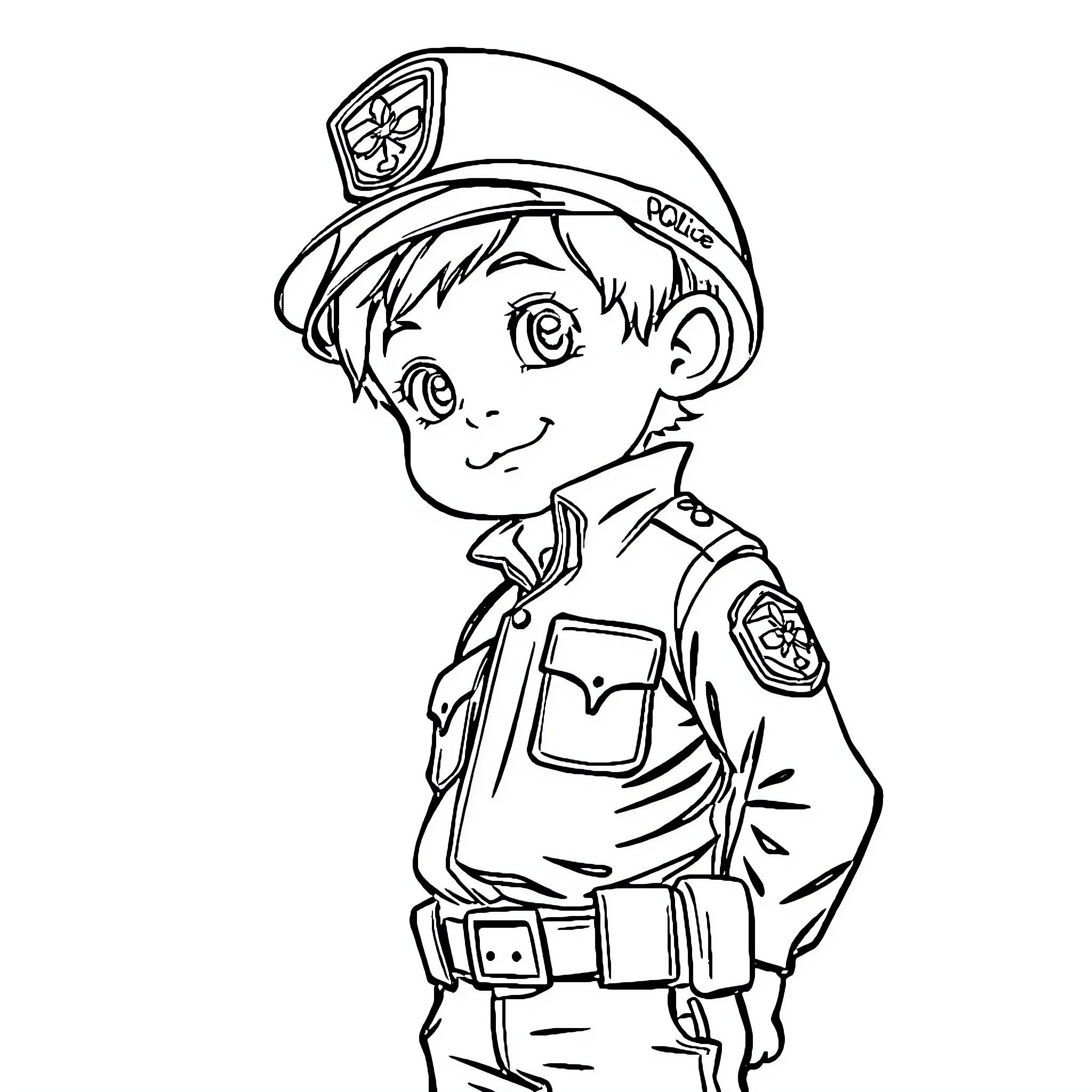 Child dressed as police officer in uniform Coloring Page (free black-and-white line drawing printable PDF for all, from beginners to advanced learners, including children, teens, adults, and seniors)