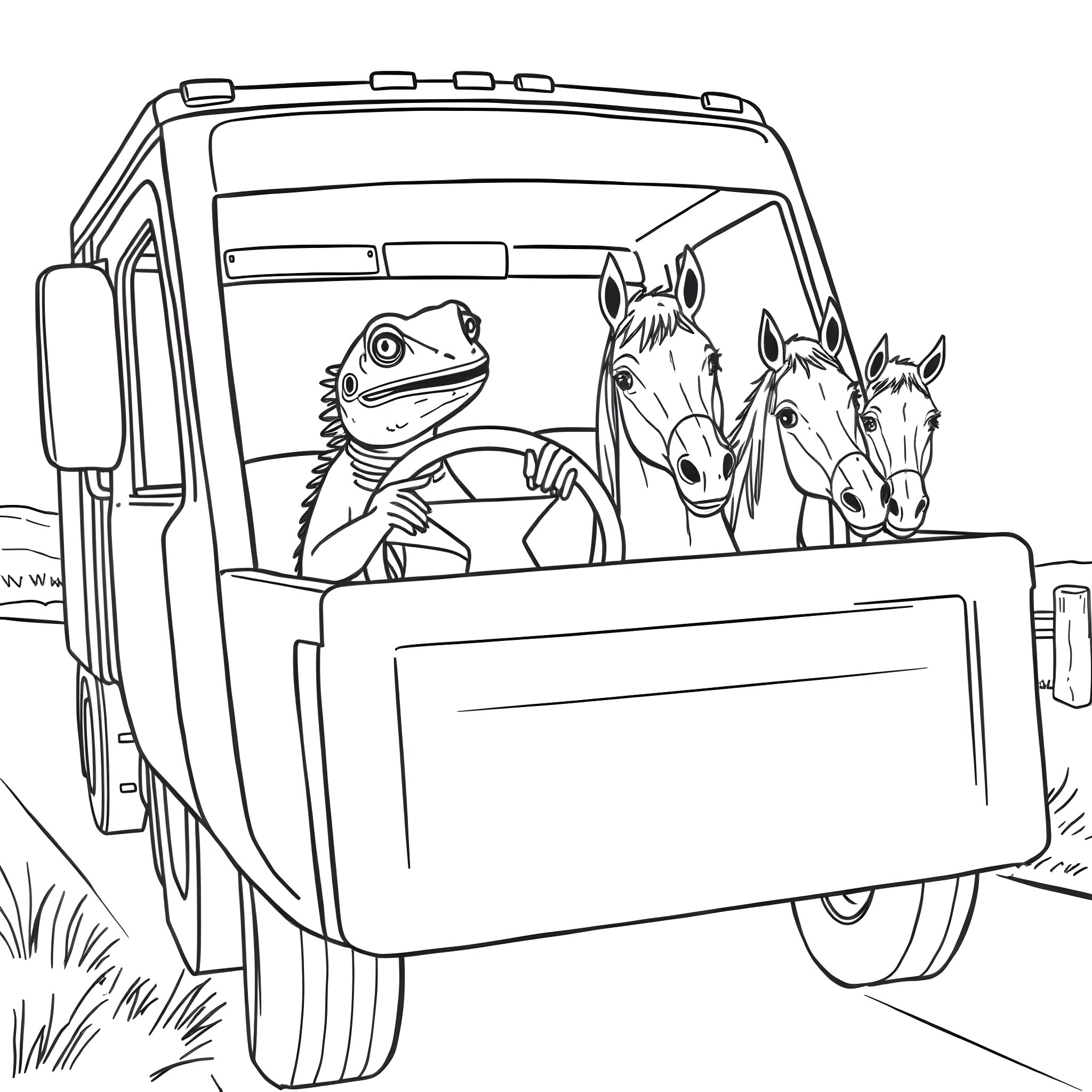 Iguana driving a truck with horses Coloring Page (free black-and-white line drawing printable PDF for all, from beginners to advanced learners, including children, teens, adults, and seniors)