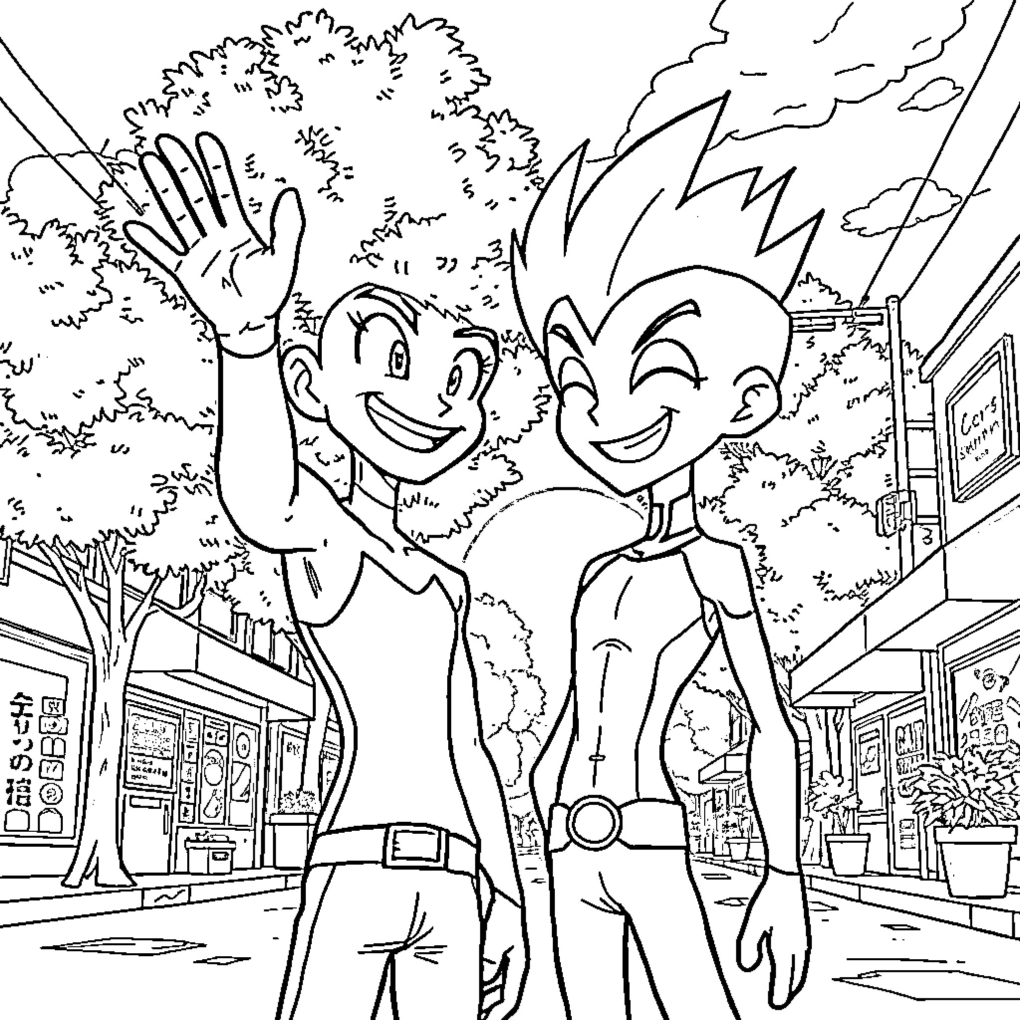 Rimuru and friends exploring the city streets Coloring Page (free black-and-white line drawing printable PDF for all, from beginners to advanced learners, including children, teens, adults, and seniors)