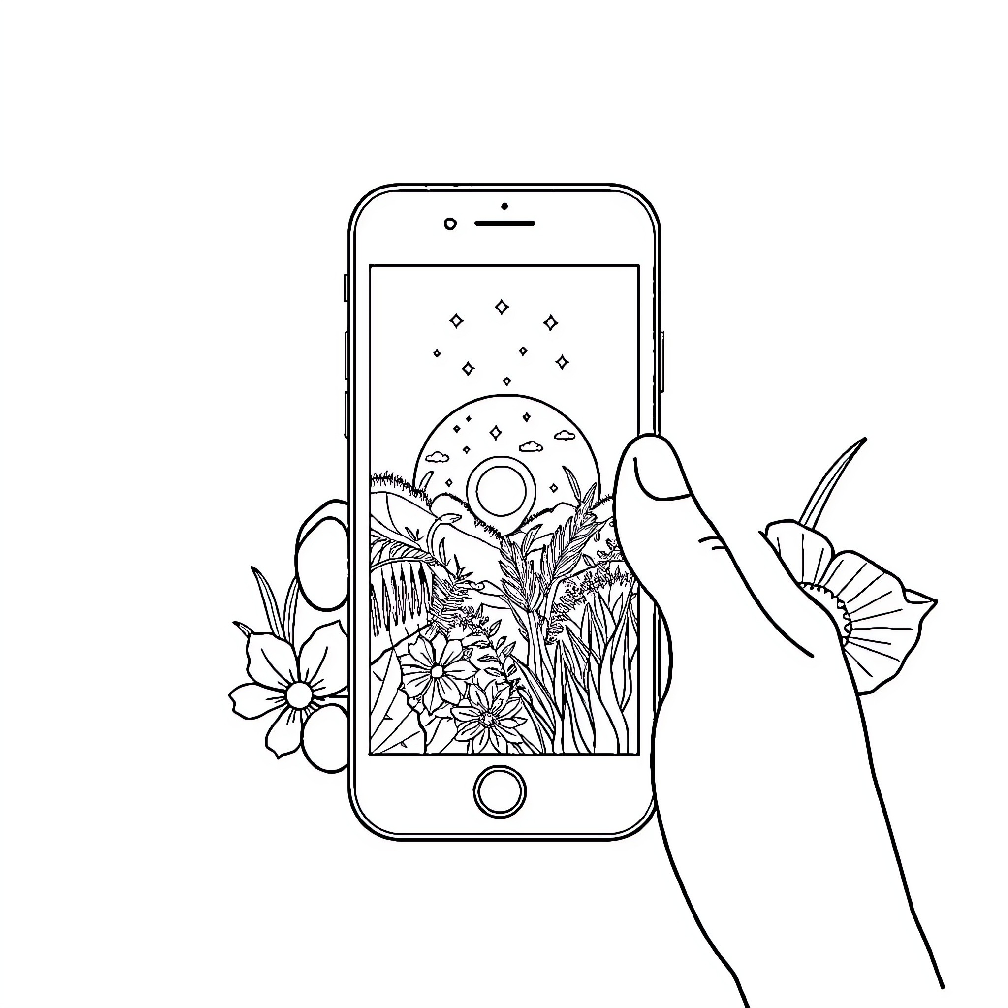 Phone capturing nature's beauty in black and white Coloring Page (free black-and-white line drawing printable PDF for all, from beginners to advanced learners, including children, teens, adults, and seniors)