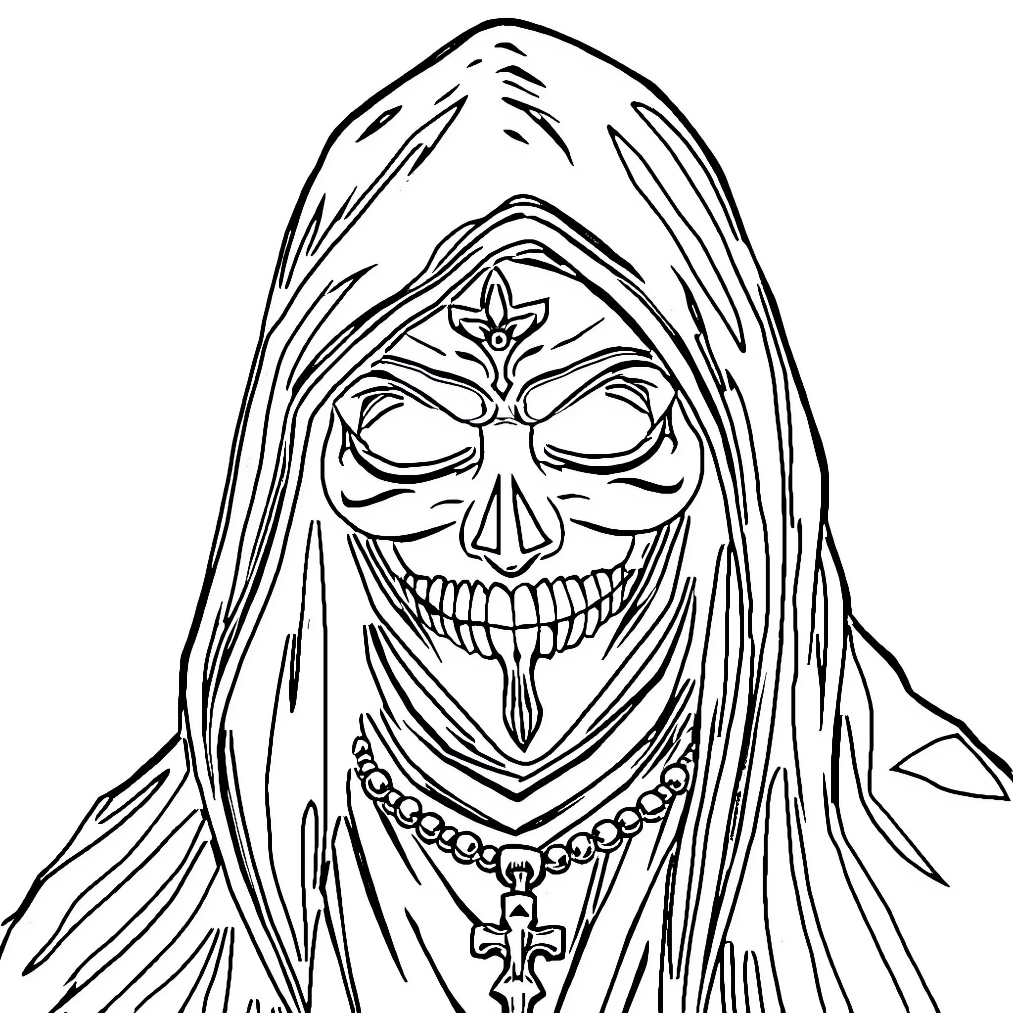 Santa Muerte skeletal figure with hooded robe and cross pendant Coloring Page (free black-and-white line drawing printable PDF for all, from beginners to advanced learners, including children, teens, adults, and seniors)