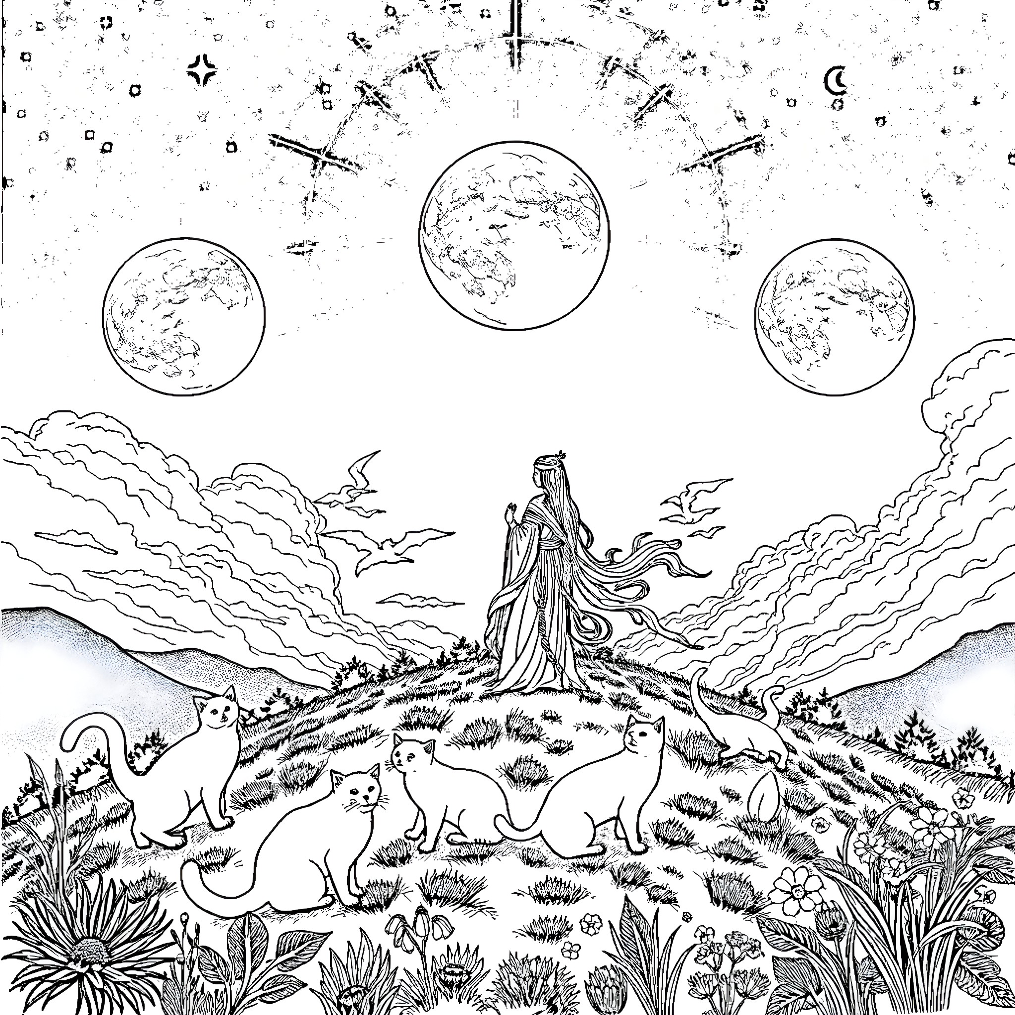 Goddess Surrounded by Celestial Wonders and Nature's Harmony Coloring Page (free black-and-white line drawing printable PDF for all, from beginners to advanced learners, including children, teens, adults, and seniors)