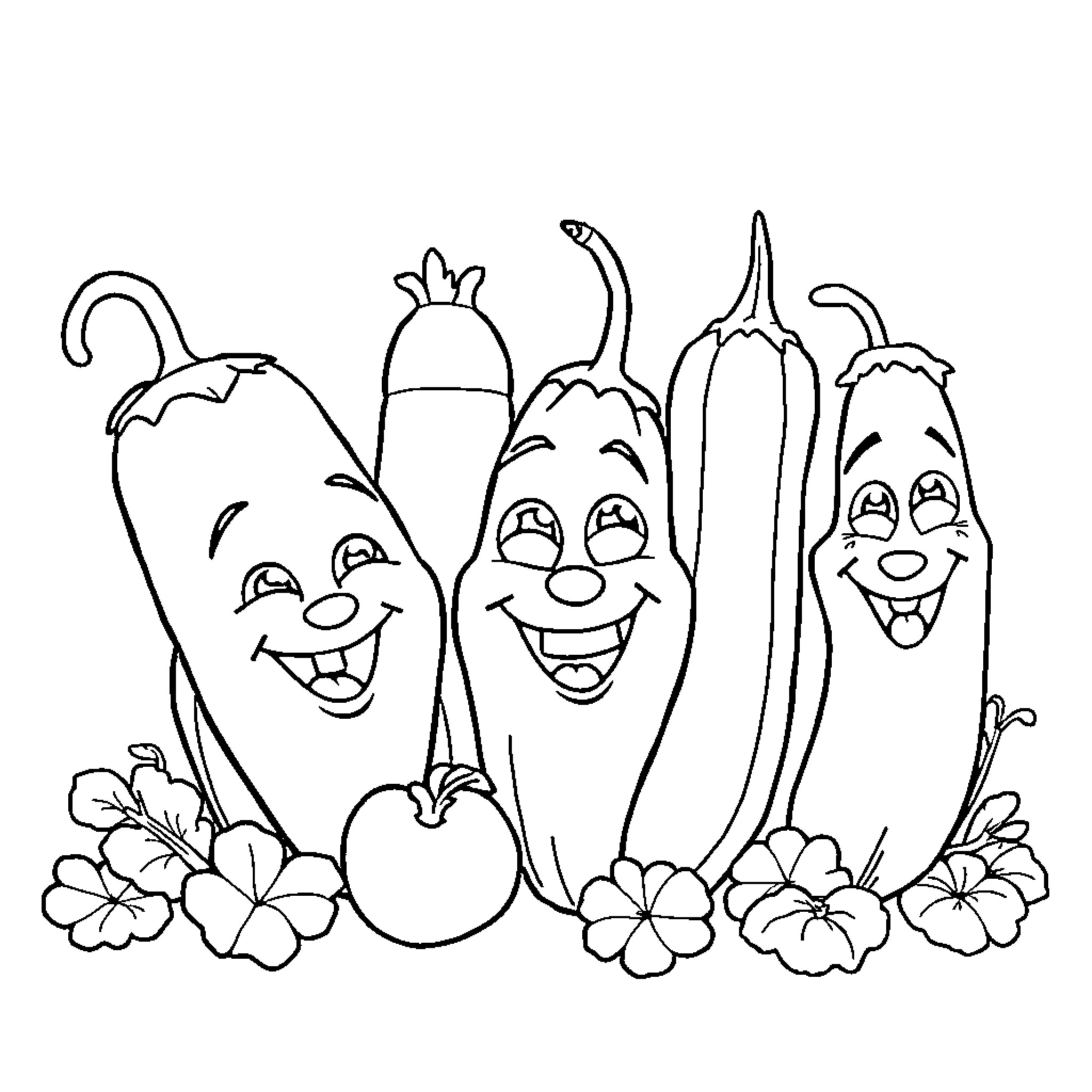 Vegetable friends in a cheerful gathering Coloring Page (free black-and-white line drawing printable PDF for all, from beginners to advanced learners, including children, teens, adults, and seniors)