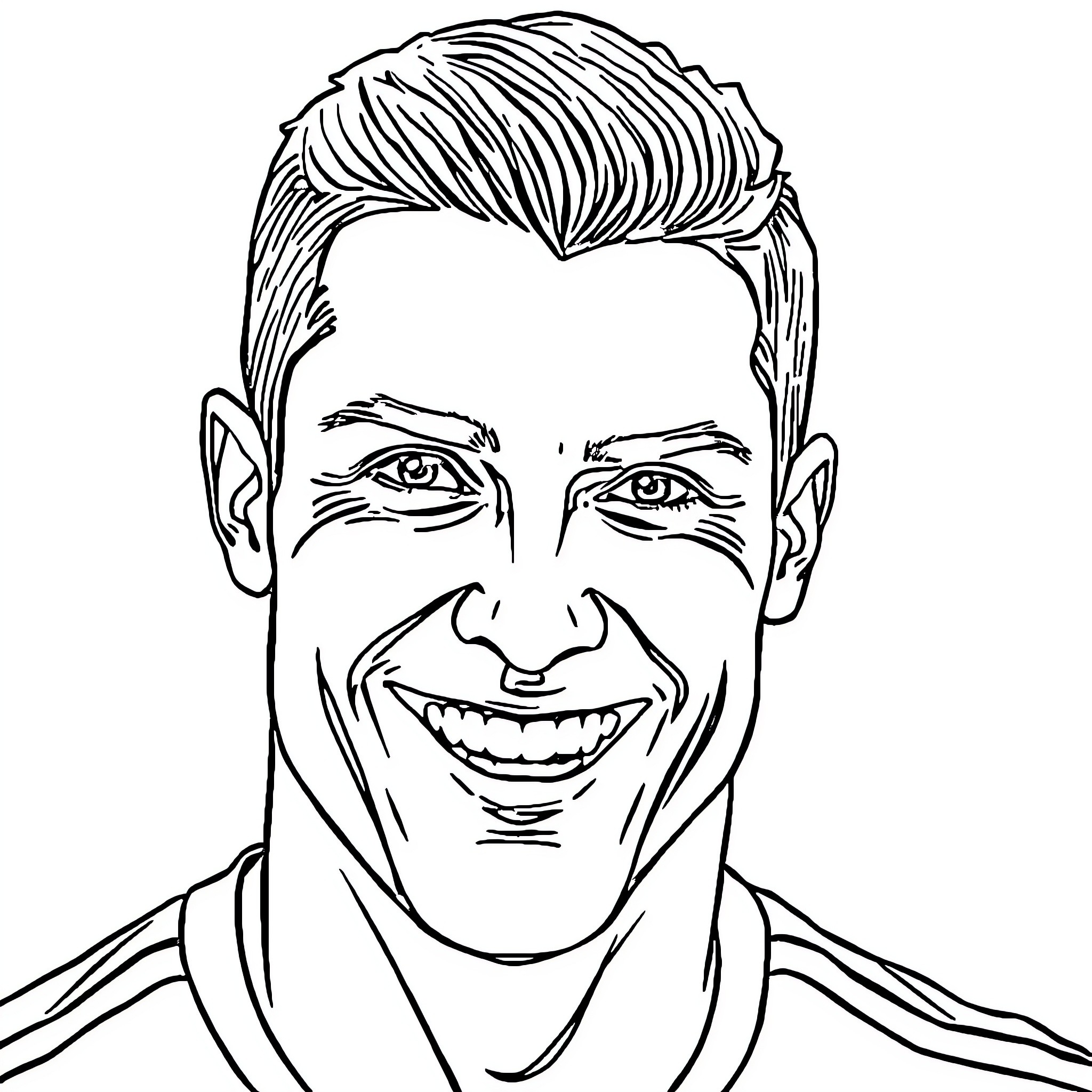 Cristiano Ronaldo's Friendly Smile and Portrait Coloring Page (free black-and-white line drawing printable PDF for all, from beginners to advanced learners, including children, teens, adults, and seniors)