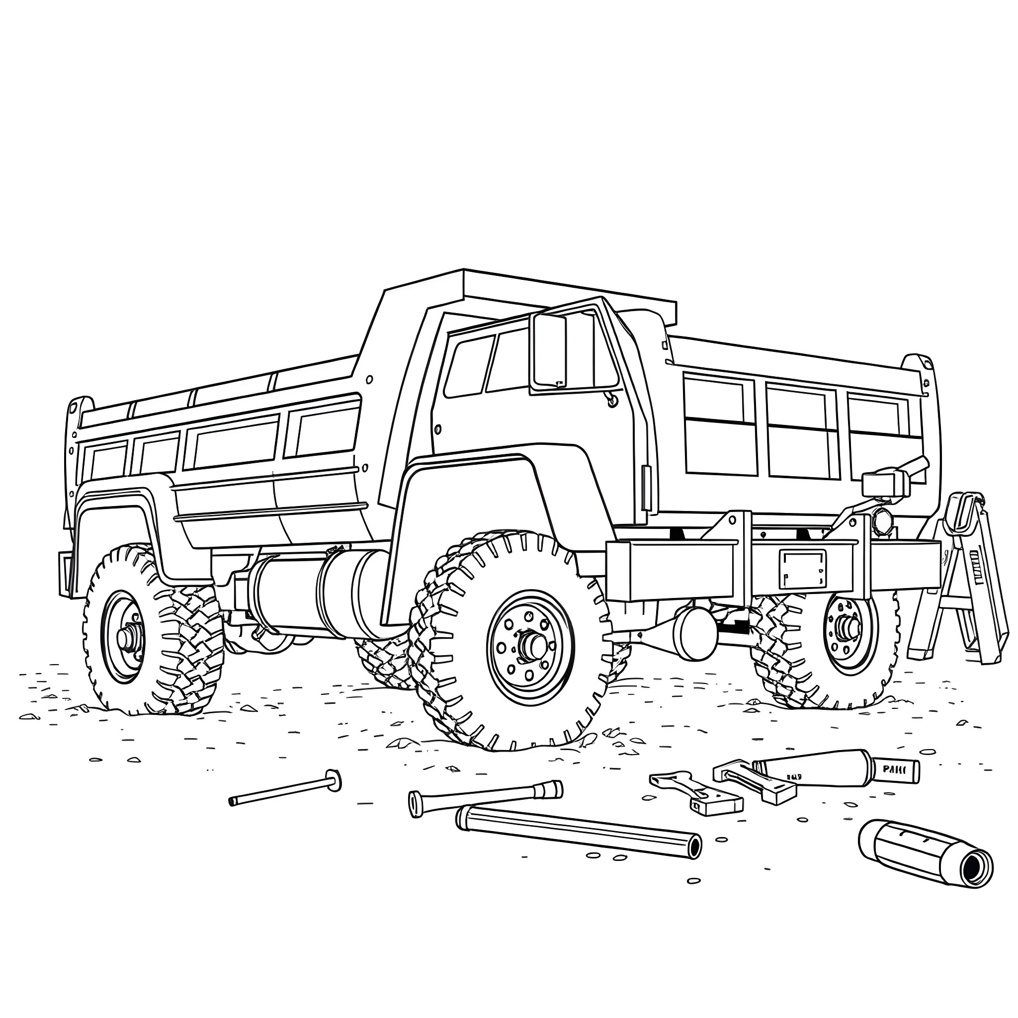 Chevy Dump Truck with Tools on the Ground Coloring Page (free black-and-white line drawing printable PDF for all, from beginners to advanced learners, including children, teens, adults, and seniors)