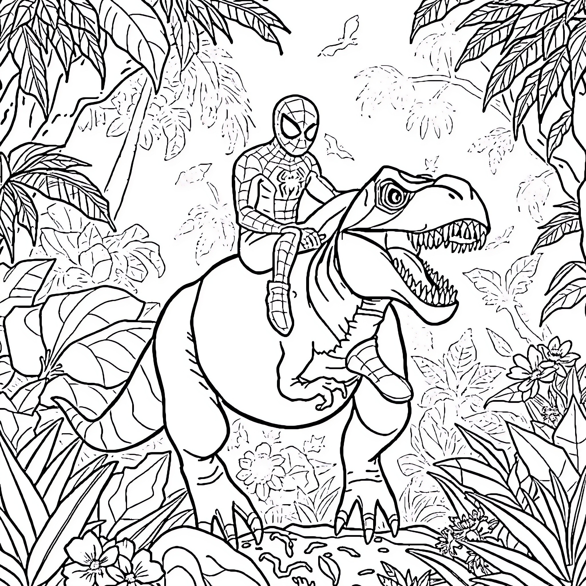 Spiderman exploring the jungle with dinosaur companion Coloring Page (free black-and-white line drawing printable PDF for all, from beginners to advanced learners, including children, teens, adults, and seniors)